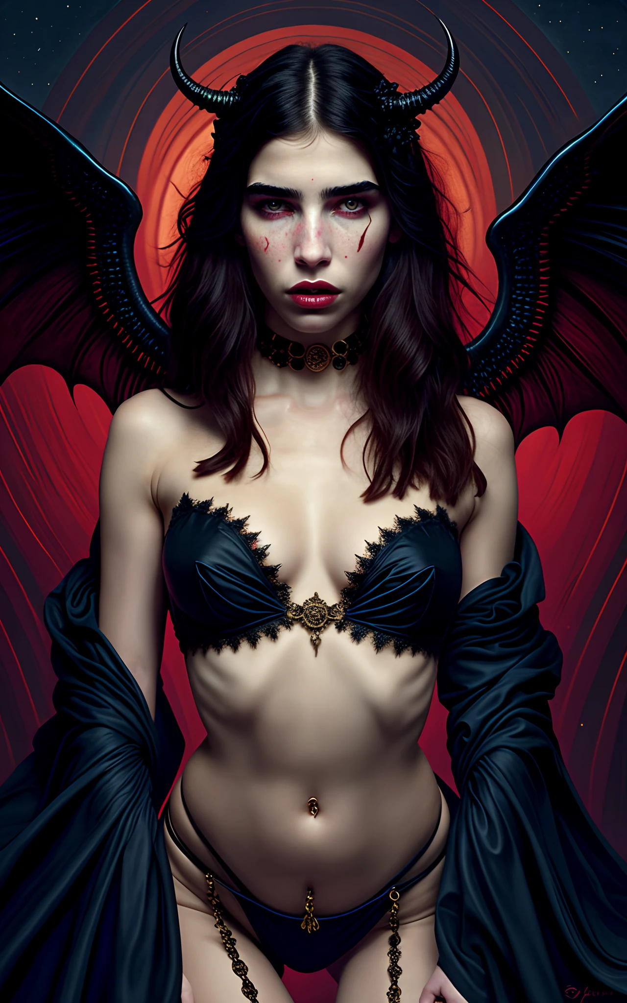 Succubus with the face of Emily Rudd: Dua Lipa, sensual pose, (symmetrical) concept art, dark fantasy background, abstract beauty, hyperdetailed, in the style of Brom