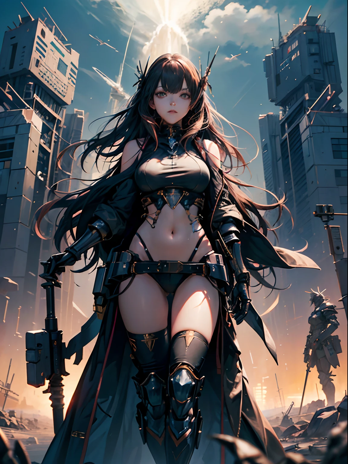 (The girl is in good shape, wearing a tight leather jacket, showing her belly button, medium breasts), (outstanding), (imaginative), (very detailed), (((two-thirds of the picture is a mecha, one-third is a girl))), (a mecha is similar to a Gundam), a huge mecha stands on the right side of the screen, standing like a stately tower, its pink body shines with the light of futuristic technology, the delicate texture and metallic luster are awe-inspiring, and the tall volume of the mech seems to devour space, It gives people a feeling of infinite strength, the beautiful girl in black silk and leather clothes leans behind the mecha, she is a charming and confident image, the black leather coat clings to her body, highlighting her perfect curves while also revealing a resolute breath, long hair gently fluttering, dancing with the breeze, adding a touch of playful atmosphere, the mecha stands tall, like a guardian tower, its arms and legs are smooth and powerful, revealing indestructible strength, and holding a huge weapon in its hand, Shows its fearless fighting spirit, the mecha's head design is unique, the eyes reveal wisdom and determination, as if it is a guardian of wisdom, the whole picture flows with a strong technological atmosphere, the existence of the mecha gives people a sense of security and shelter, and the girl exudes a light of confidence and courage, she leans against the mecha, as if under the protection of the watcher, fearlessly facing the challenges of the future, this painting tells a heroic and magnificent story, the mecha and the maiden are interdependent, Together, they create a picture of strength and hope, and their images intertwine on the canvas, revealing an incredible spectacle