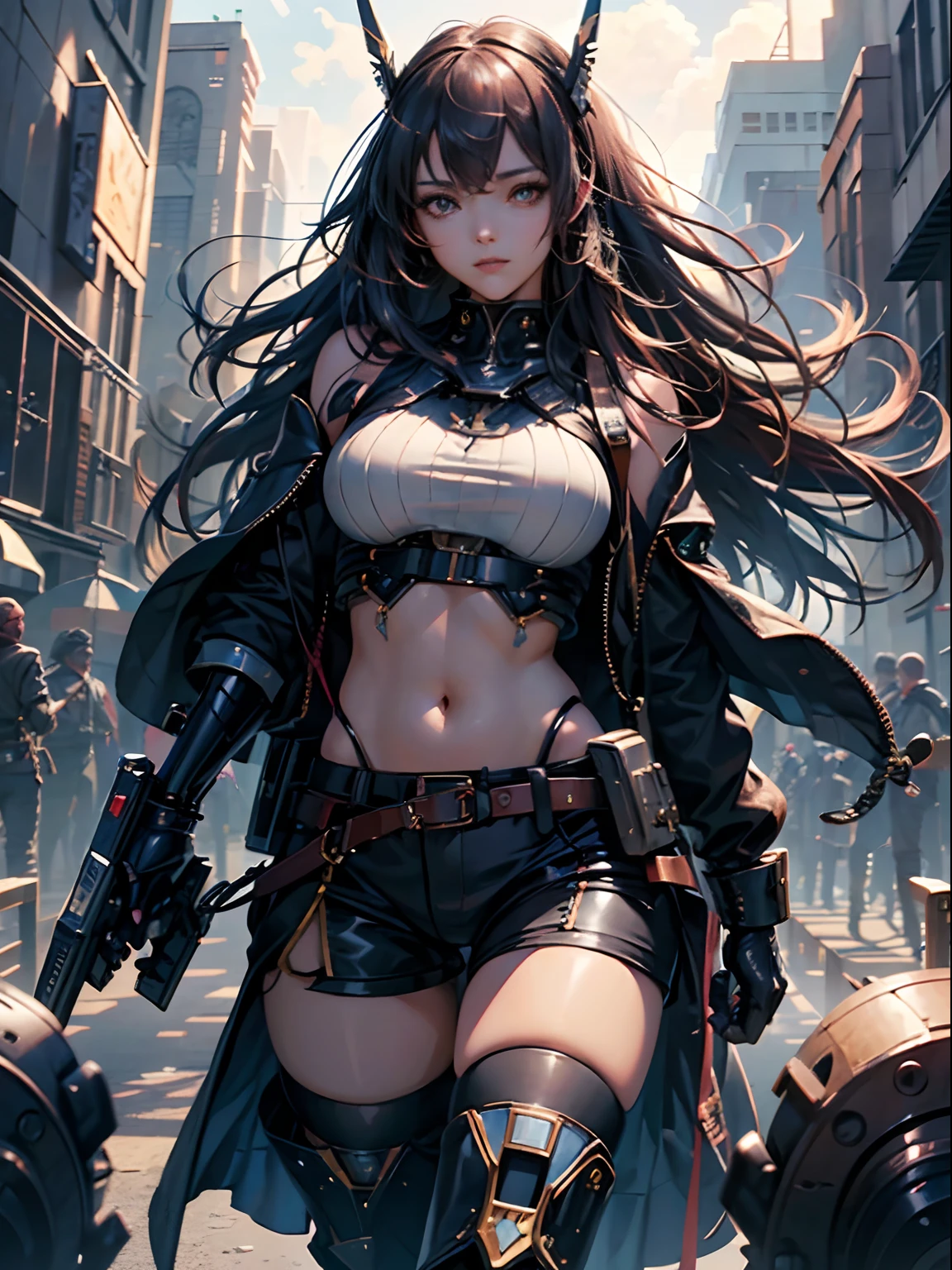 (The girl is in good shape, wearing a tight leather jacket, showing her belly button, medium breasts), (outstanding), (imaginative), (very detailed), (((two-thirds of the picture is a mecha, one-third is a girl))), (a mecha is similar to a Gundam), a huge mecha stands on the right side of the screen, standing like a stately tower, its pink body shines with the light of futuristic technology, the delicate texture and metallic luster are awe-inspiring, and the tall volume of the mech seems to devour space, It gives people a feeling of infinite strength, the beautiful girl in black silk and leather clothes leans behind the mecha, she is a charming and confident image, the black leather coat clings to her body, highlighting her perfect curves while also revealing a resolute breath, long hair gently fluttering, dancing with the breeze, adding a touch of playful atmosphere, the mecha stands tall, like a guardian tower, its arms and legs are smooth and powerful, revealing indestructible strength, and holding a huge weapon in its hand, Shows its fearless fighting spirit, the mecha's head design is unique, the eyes reveal wisdom and determination, as if it is a guardian of wisdom, the whole picture flows with a strong technological atmosphere, the existence of the mecha gives people a sense of security and shelter, and the girl exudes a light of confidence and courage, she leans against the mecha, as if under the protection of the watcher, fearlessly facing the challenges of the future, this painting tells a heroic and magnificent story, the mecha and the maiden are interdependent, Together, they create a picture of strength and hope, and their images intertwine on the canvas, revealing an incredible spectacle