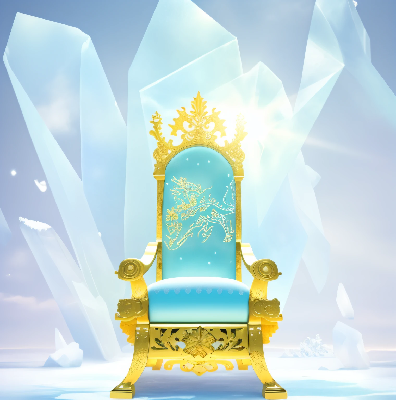 There is a golden throne，There is a blue seat and a blue background, sitting on ice throne, on an icy throne, on a throne of crystals, Golden throne, gold throne, lying a throne in a fantasy land,The ice seat in the shape of a unicorn is like an ice sculpture of art，It shows the perfect combination of magnificence and mystery。Its seat is based on brilliant ice crystals，It's like a layer of pure ice，It is reminiscent of a fairyland in the kingdom of ice and snow。The armrests and backrest of the seat are delicately carved into the image of a unicorn，true to life，It is as if you can feel the mysterious power of the unicorn blending into it。When people sit in this chair，It seems to be connected to a unicorn，Feel the auspicious and auspicious atmosphere。The ice seat exudes a chilly atmosphere，Liberate people from the heat of summer，Bring a touch of coolness and comfort。The perfect combination of ice crystals and unicorns，Make this chair a unique highlight in the space，Immerse people in a fantastical artistic atmosphere。Whether it's placed indoors or outdoors，The ice seats in the style of unicorns can add a mysterious and sophisticated temperament to the environment，Let people feel the wonderful feeling of being in harmony with nature。Let us indulge in the ice seat in the style of a unicorn，Feel the wonderful experience of mystery and coldness。