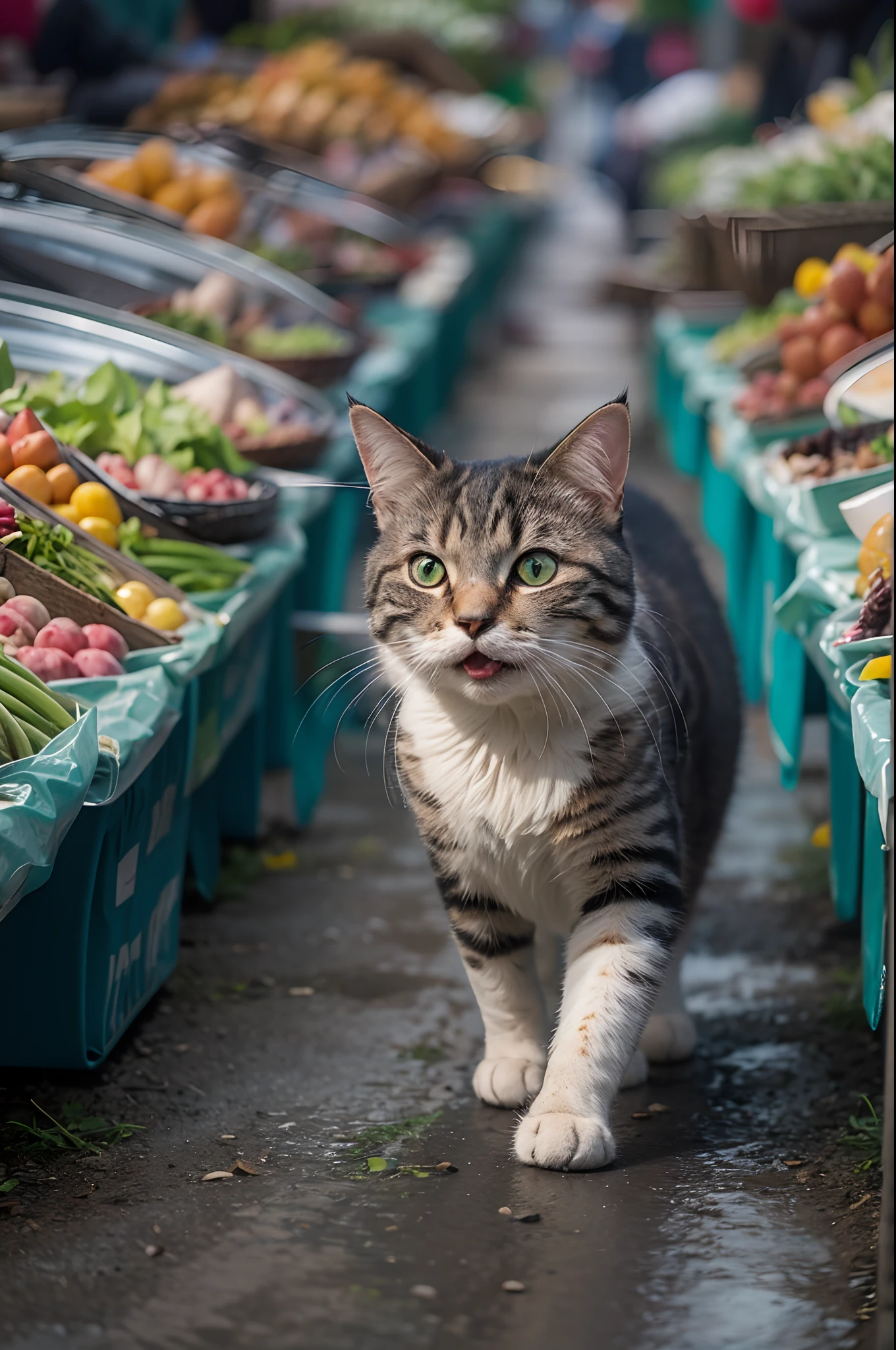 The road in the middle of the market，The cat runs in the direction of the camera，There is a fish in the mouth，Frontal capture，Exaggerated expressions，the detail，Someone was chasing him，Someone was watching