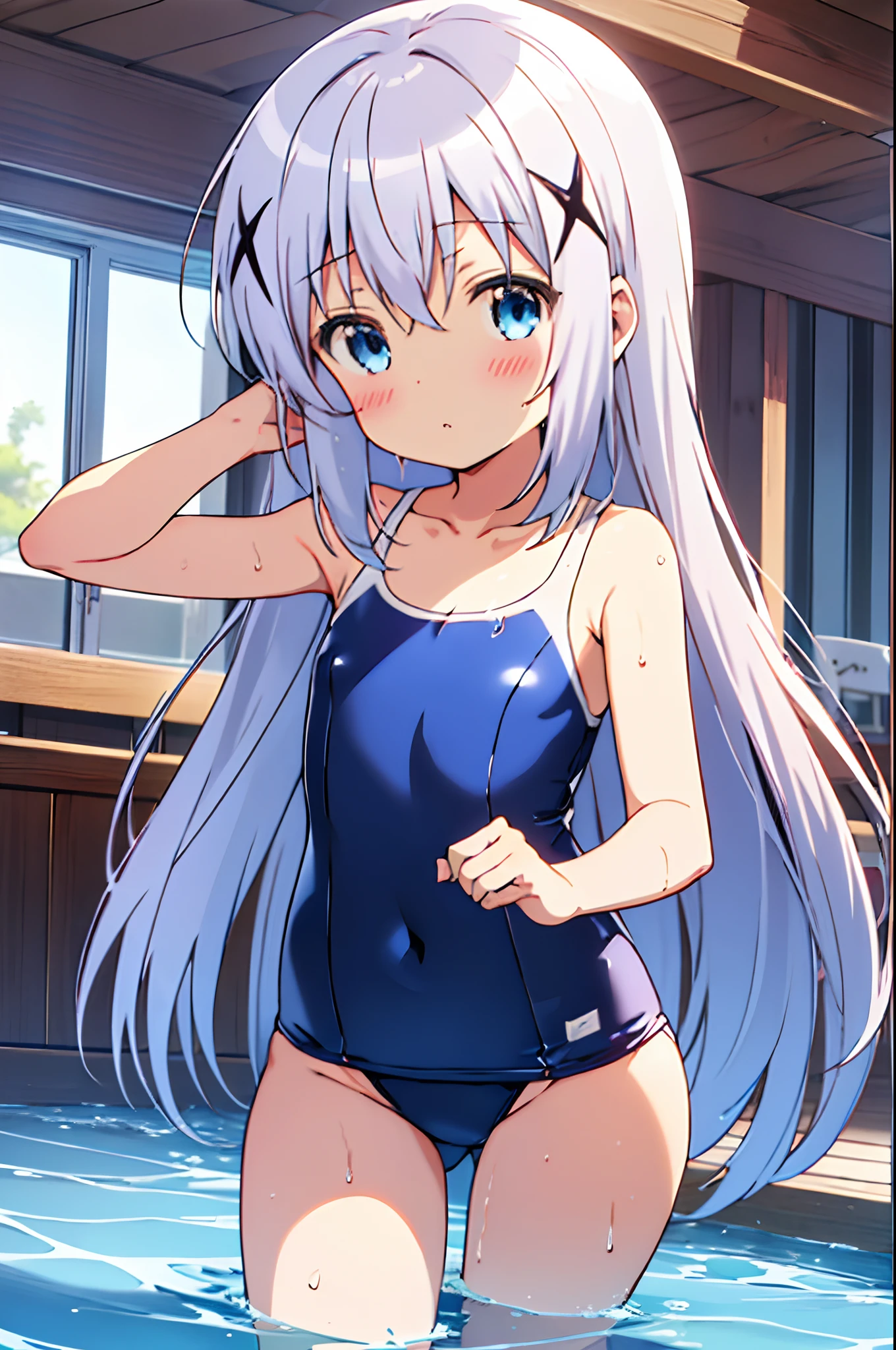 kafuu chino,chino,blue eyes,silver hair, , petite, ((sukumizu)),school swimsuit, small breasts,nipples, hair ornament, expressionless,jitome,long hair, shiny skin,shiny swimsuit, wet