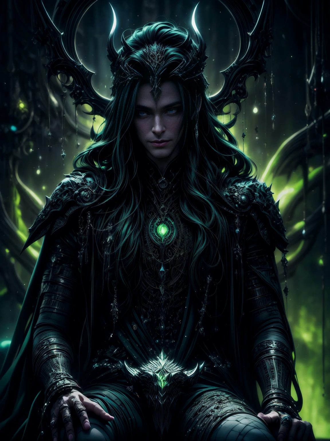 (smiling:1.1) Loki, sitting, devilishly (smiling:1.1), (beautiful detailed eyes:1.1), (beautiful detailed lips:1.1), (extremely detailed eyes and face:1.1), mischievous expression, dark background, (cinematic:1.1), (highres:1.2), (vivid colors:1.1), (concept art:1.1), (sharp focus:1.1), (studio lighting:1.1), (dark and mysterious atmosphere:1.1) , wearing green dress