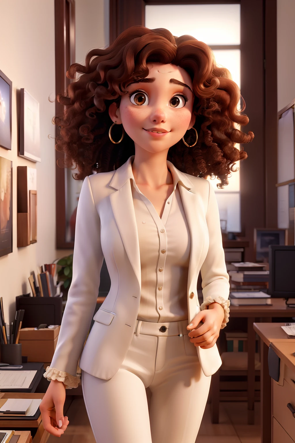 (best quality, masterpiece: 1.2), ultra-detailed, (realistic, photorealistic, photorealistic: 1.37), portraits, looking at the camera, a beautiful young woman in her twenties, curly BROWN hair, wearing a white suit, standing in the office