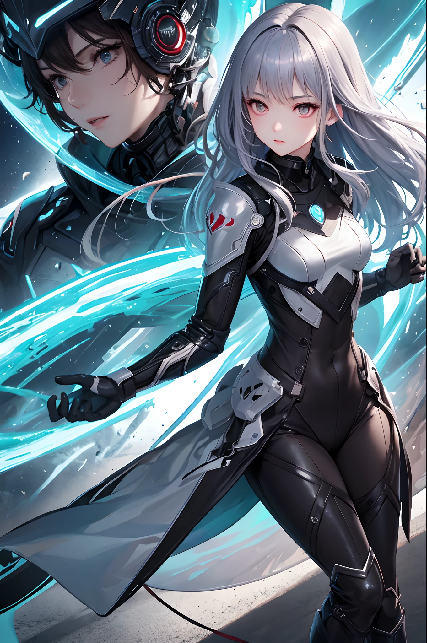 top-quality、Top image quality、masterpiece、超A high resolution、Android Beautiful Girl、sixteen years old, Glowing red cyber suit, Blue energy source for the chest、silvery shiny hair、The long-haired,Red eyes、A slender、The face is depicted in detail、Eyes are drawn in detail、Clothes are depicted in detail、hiquality、Beautiful Art、Fantastic Universe、Elaborate design、soio、sorcerer、animesque、illustratio、