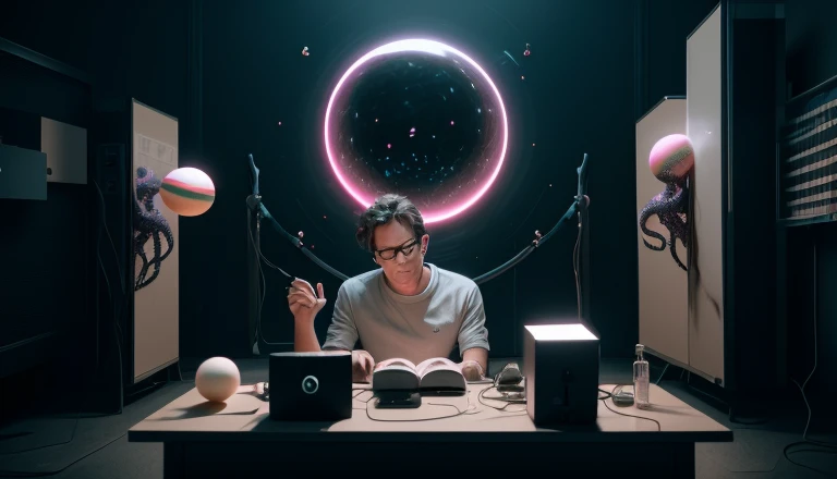 two men in glasses are playing with glowing orbs in a dark room, beeple and greg rutkowski, beeple and mike winkelmann, beeple. hyperrealism, beeple and tim hildebrandt, beeple and james jean, beeple and jean giraud, tentacles in universe, by Beeple, beeple masterpiece, mysterious, 8k cinematic, volumetric lighting,