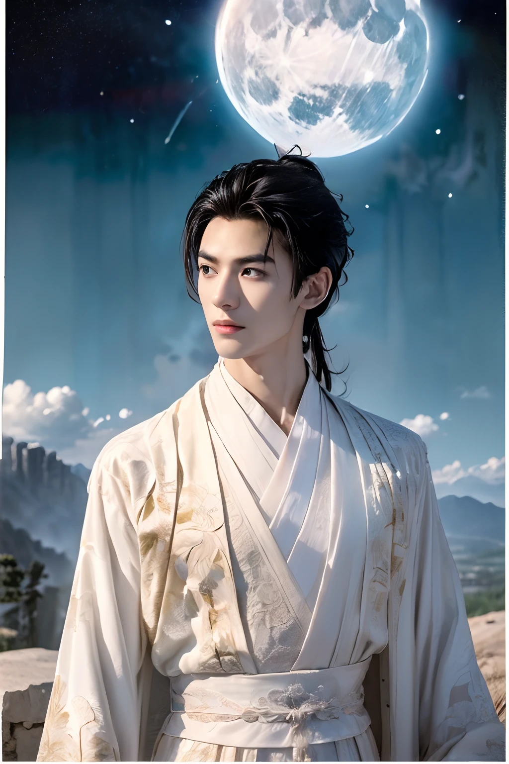 8K, masterpiece, A 21-year-old Asian man,thin eyebrows,Melon seed face,danfung Eye, Handsome face,Men's upper body ,mountain in background, Time is night。Deep blue sky,A full moon,his skin is fair,He is slender, The limbs have pronounced muscle lines,high-definition photography,Real-world scenarios,perfect eyes, perfect skin, perfect hands, Lots of detail, (white long robe), wearing white long robe with dragon embroidery, white long pants, white turtleneck shirt, wind magic, long hair, looking into the distance, devilish gaze at viewer, cool and seductive, standing on the top of the mountain, wind blowing