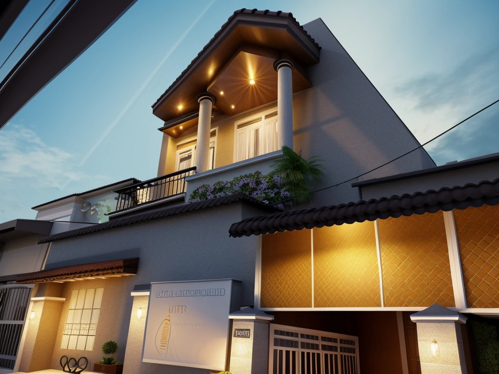 Ultra-realistic 8k, hd image quality, sharp detail, 2-story modern house, main materials: white walls, wooden ceiling accents, large glass windows, roads, cars, sidewalks, American Palm trees high, has a small alley, located in a residential area, modern style, shimmering sky, sunset light, feels peaceful, beautiful, close and warm, ((Warm light from indoor:1.3)), (daylight:1.2), perfect lighting,dynamic light,2 large glass doors,((1 large glass window:1.3)), (night light), (colorful flowers in front of the house)