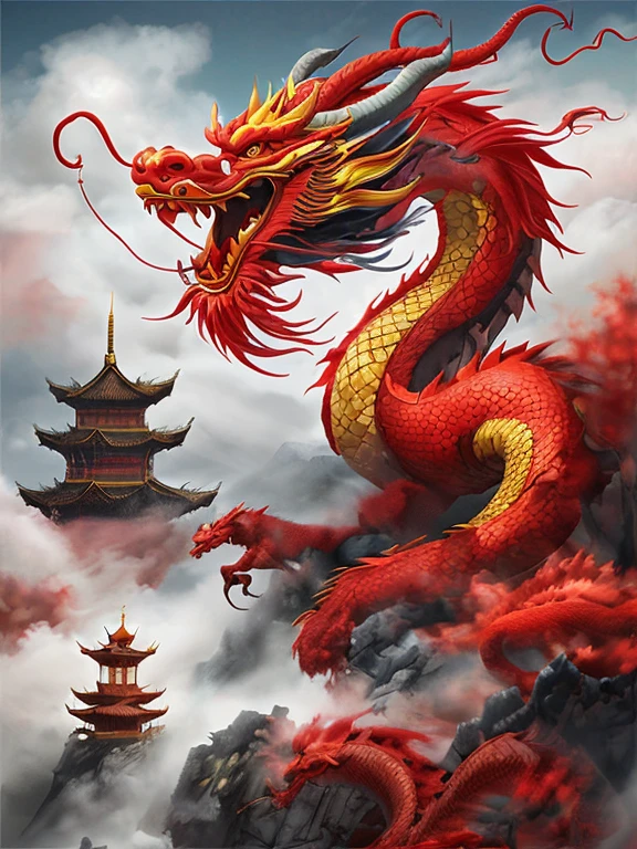 red dragon，Chinese Dragon, Huge color images,Red Dragon, Cheyron Masterpiece，shrine，Flying in the sky，Like a serpent，hope，Positive，beautiful，Torii Red Snake Dragon  ，High resolution, High resolution, 8K, Masterpiece 2:1,（ Shrine in Kyoto，）、
