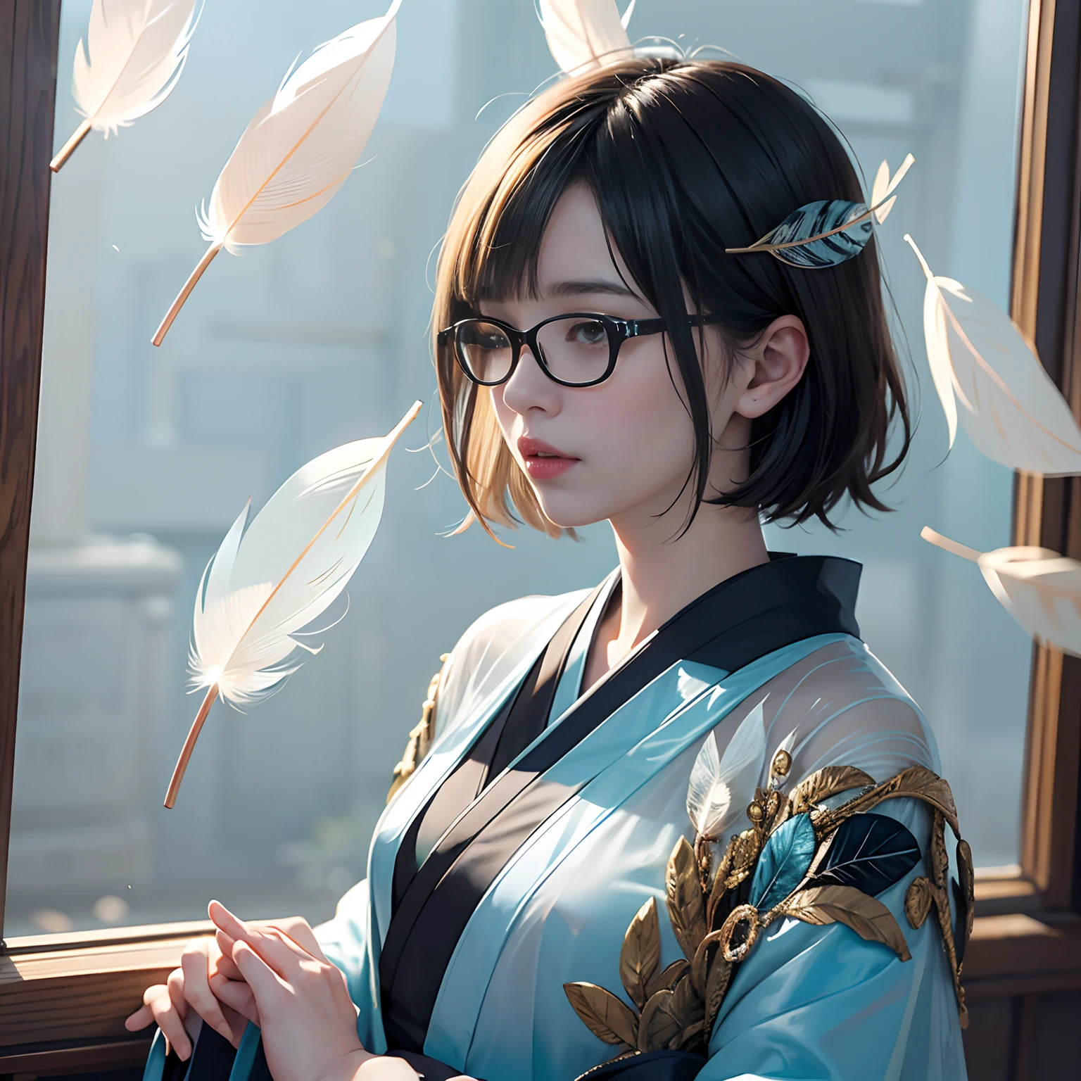 Background of details(Intricate stained glass),BREAK ,elaborate costume(Luxurious Japan kimono(Colorful kimono(detailed embroidery(Growing translucent feathers)))),BREAK,(1 Beautiful and classy adult woman(Shy smile:1.2)(Japanese actressl:1.2)(A dark-haired:1.2(short-hair:1.2))),(eye glass:1.2),(Praying to stained glass),BREAK,Wallpapers 16K,Blur the background,)(masutepiece,Best Quality,Portrait photos):1.5),full body Esbian,3D Pixel Art