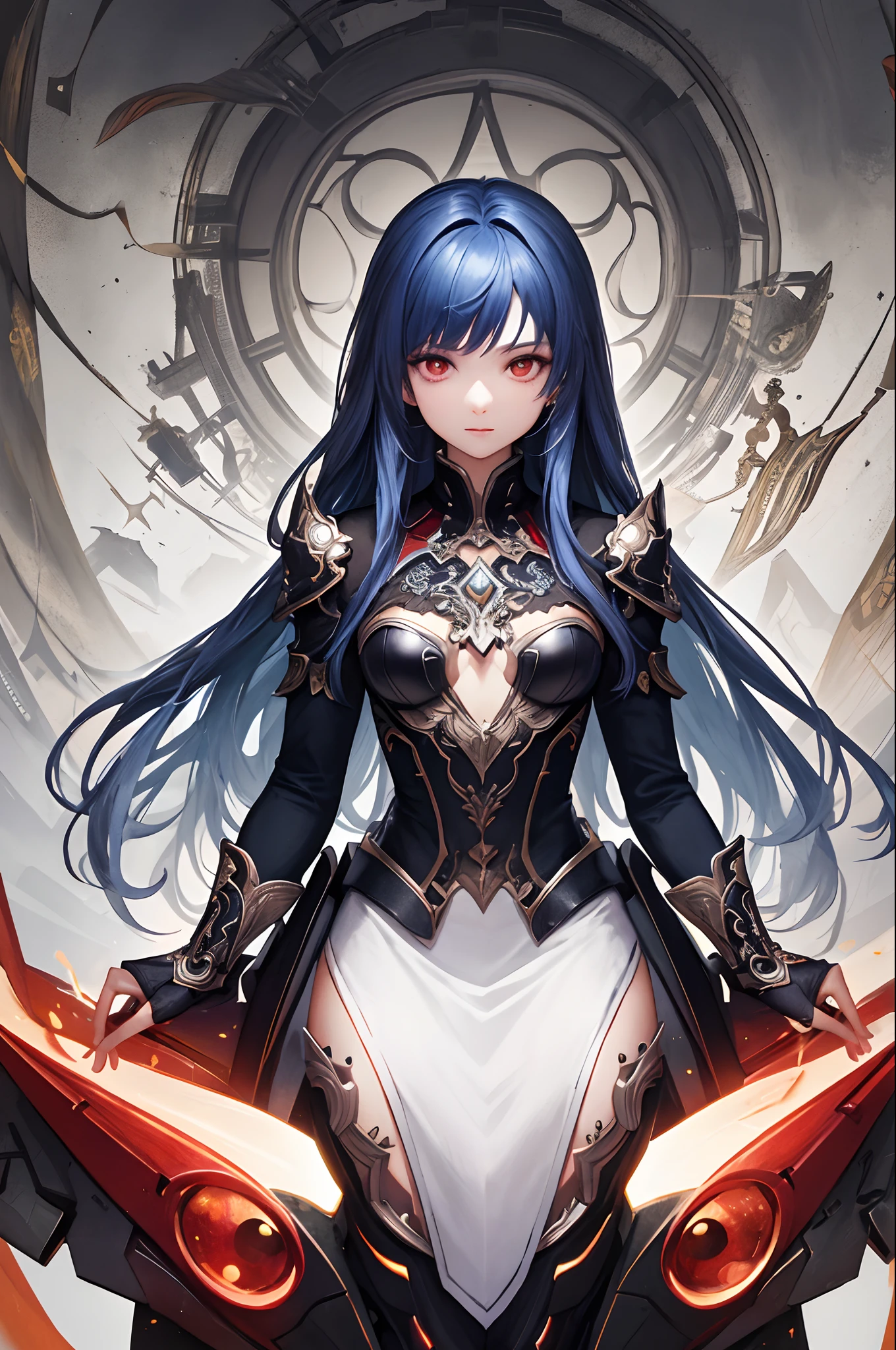 top-quality、Top image quality、masterpiece、超A high resolution、Android Beautiful Girl、sixteen years old, Glowing red cyber suit, Blue energy source for the chest、silvery shiny hair、The long-haired,Red eyes、A slender、The face is depicted in detail、Eyes are drawn in detail、Clothes are depicted in detail、hiquality、Beautiful Art、Fantastic Universe、Elaborate design、soio、sorcerer、animesque、illustratio、