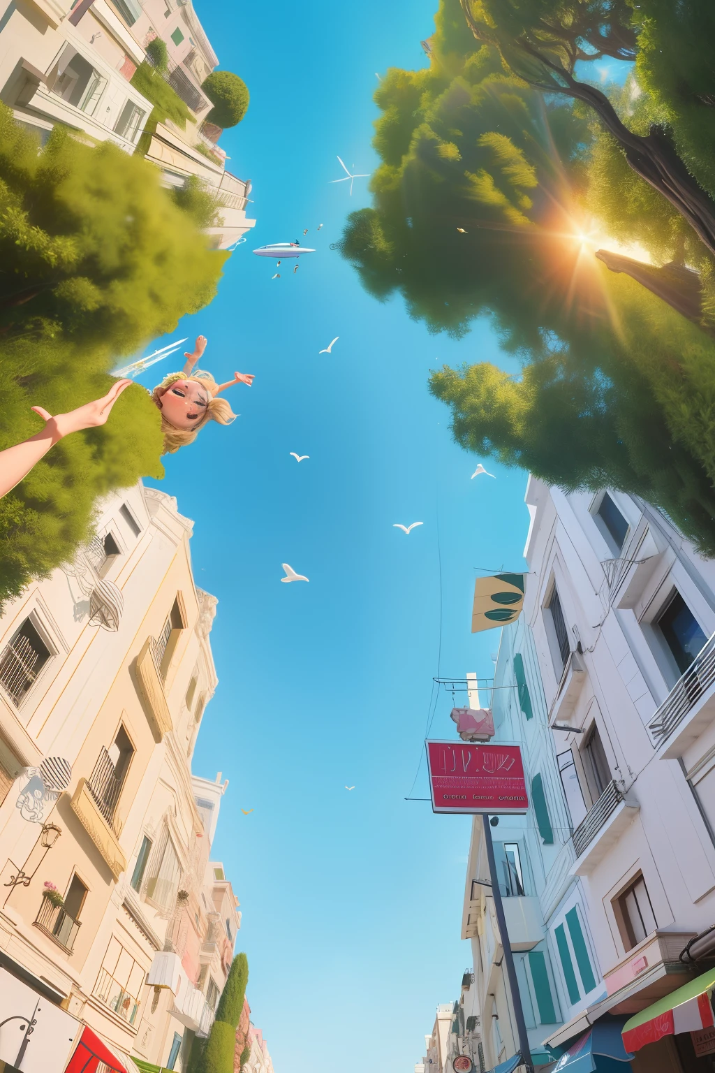 Combine “mamma mia” the movie, and “lala land” into an abstract movie-poster style painting
