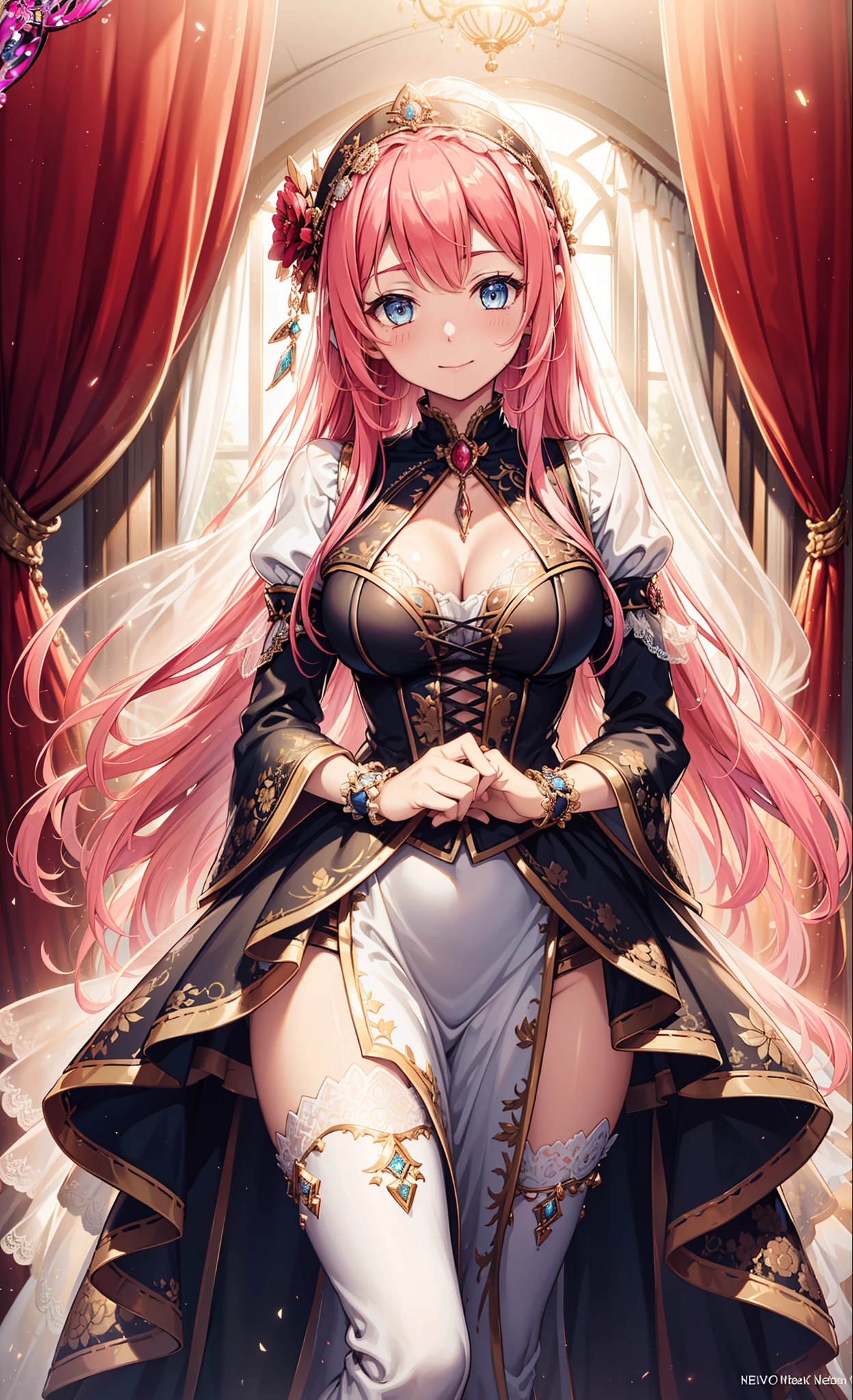 (Best quality, A high resolution, Textured skin, High quality, High details,Extremely detailed CG unity),s girl,Enchanted,Divine happiness,Being in love,(Light Victorian dress:1.2),Pink hair,eBlue eyes,(Fabric headdress),Maximalism,Multiple layers of delicate ruffles,Lots of lace,Multi-colored cloth,Delicate embroidery,Delicate pattern,Fabric headdress,exquisite costumes,see-through transparent clothes,Bedrooms,the night,(Dazzle:1.2),Movie lighting,solo person,Fluttering skirt,