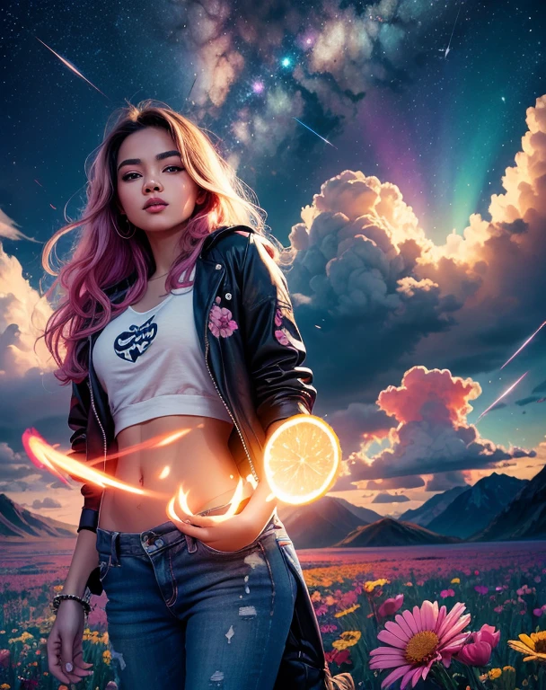 Beautiful face, beautiful body, Girl standing in the clouds staring up as the stars, stars floating around her, brilliant colors, amazing swirls of cosmic dust, colorful vibrant, light particles, Create digital artwork in the Pop Art style, Featuring a vibrant and confident young Asian girl,street fashion (vibrant), Movie color scheme, Surrounded by vintage flower motifs, Vibrant brushstrokes,Emotions should be dynamic, Upper body, Drawing, illustration, Many flowers,
