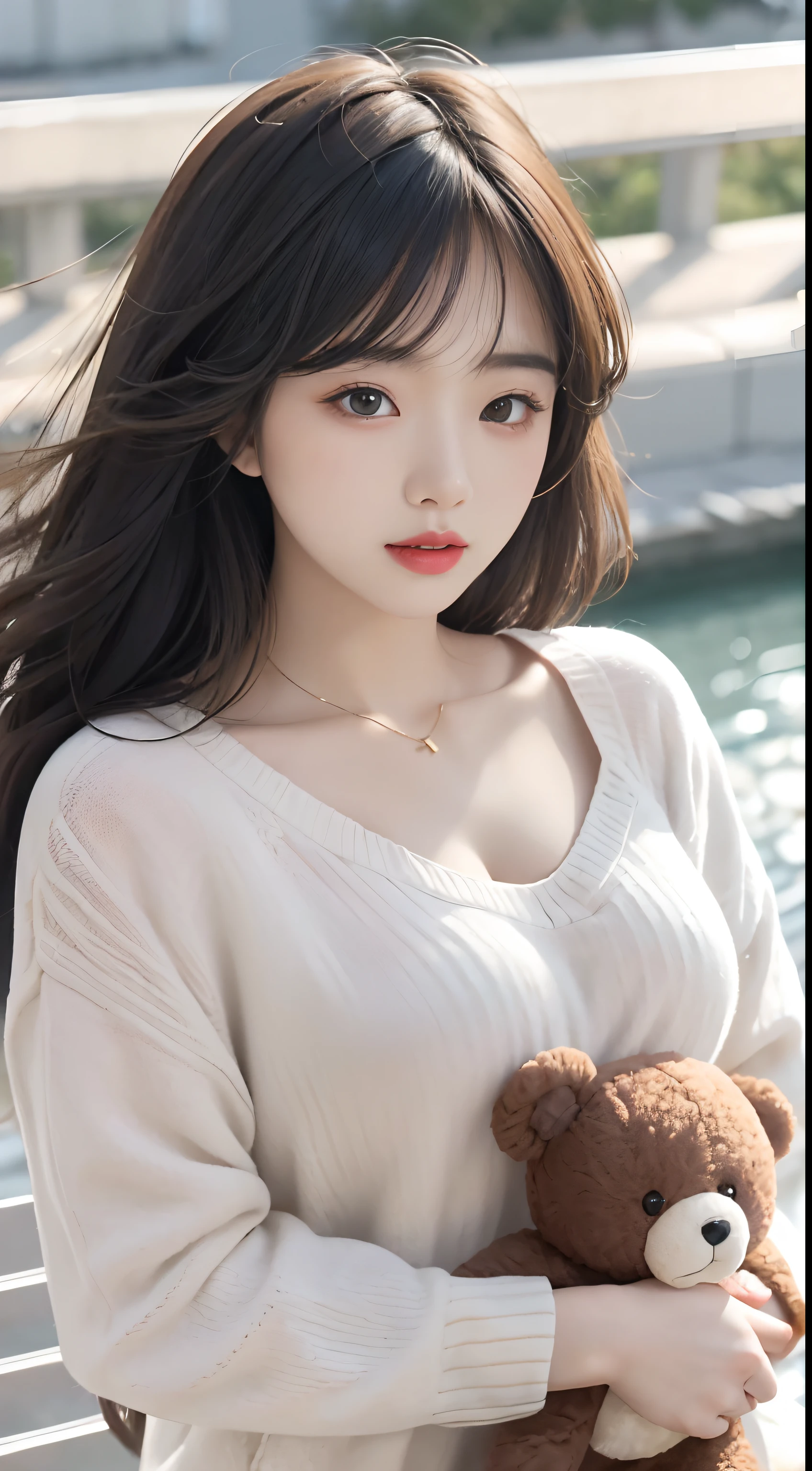 1girl walking on the river, mix4, sweater, pillow, lips, open_mouth, realistic, photo_\(medium\), solo, stuffed_animal, stuffed_toy, teddy_bear, (masterpiece), (realism: 1.3), super detailed, (High detail skin: 1.2), (Best quality: 1.0), (Ultra resolution: 1.0), (ULZZANG-6500: 0.3), wavy detail hair, long hair, sunshine, (beautiful detail makeup), (sexually aroused blush, heavy breath: 1.0), floral theme petals scattered, (soft light bloom: 0.5)