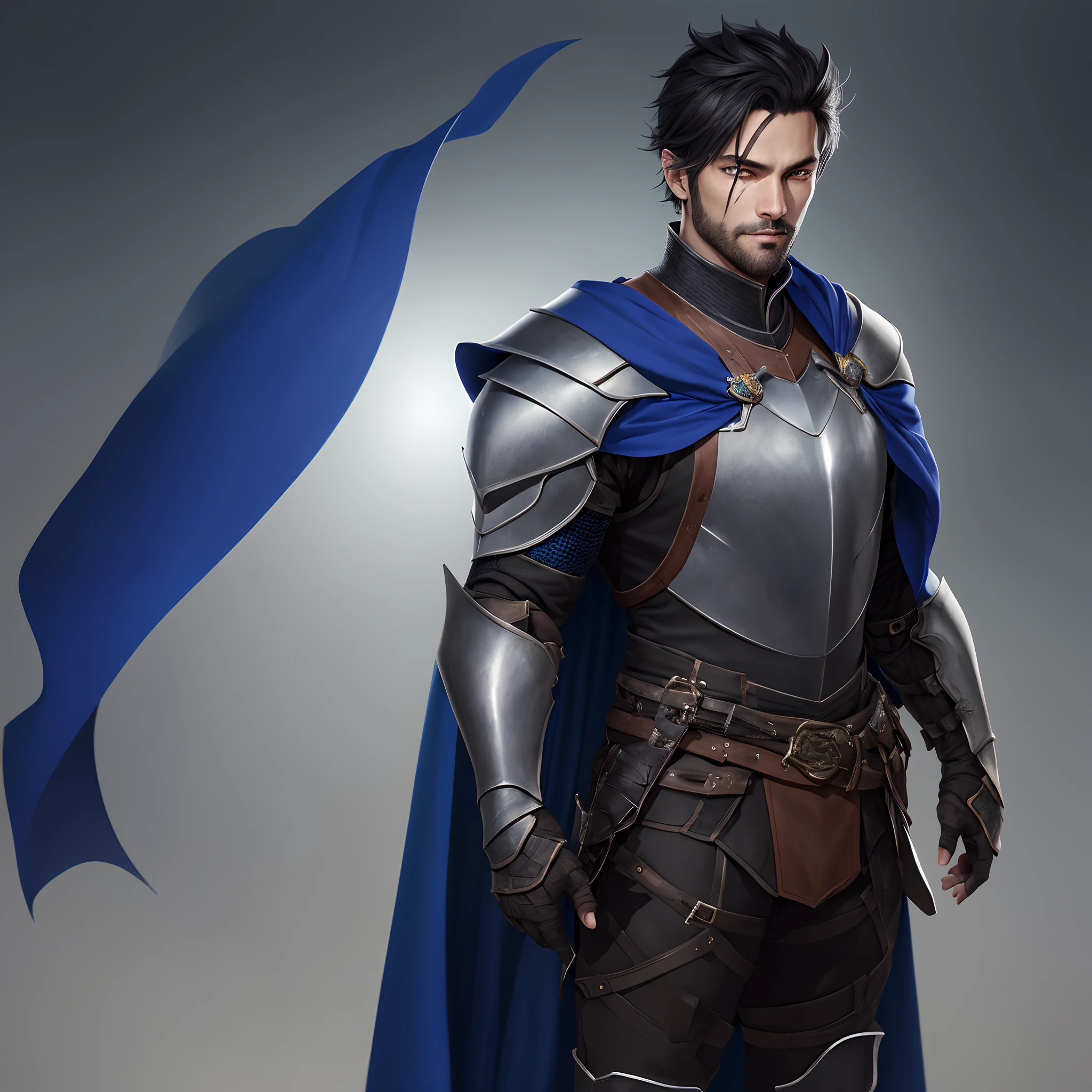 Male knight with black armor and a blue cape. He has dark caramel skin. He has kind, dark eyes. He has long, black hair. He has an androgynous face. Has scars all over his face. He has a short, black beard