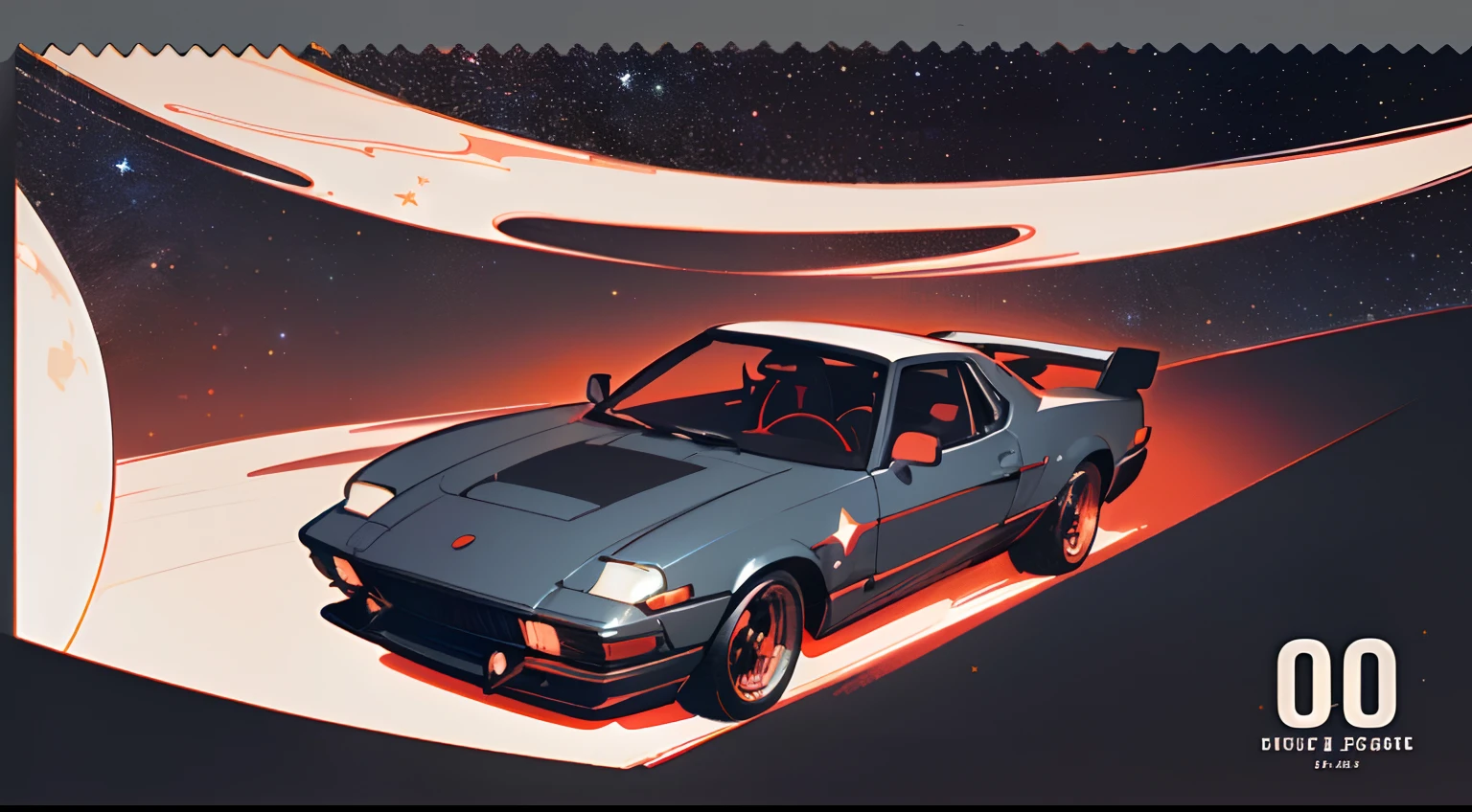 (masterpiece), (best quality), (best detail), (distant general point of view), (postage stamp),(main color of the illustration: deep red), (secondary color: light gray), a sports car from the 70' driven by a woman with defiant stance, highly detailed chassis, futuristic western scenery, night (many stars, moon), shading (detailed, much contrast), very saturated pulp colors
