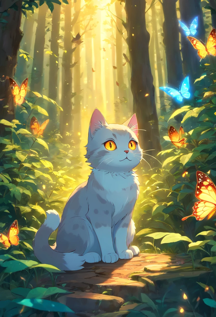 A cat with glowing eyes sits in the woods of butterflies, adorable digital art, Cute detailed digital art, lovely digital painting, glowing with magic, cute detailed artwork, magical glowing eyes, Glowing lights! Digital painting, Magical light, adorable glowing creature, glowing magic, Fantasy art style, cute artwork