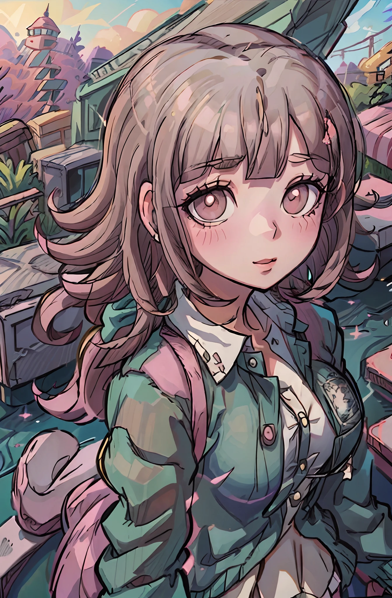 Chiaki nanami sentado en un banco del parque, Mirando al horizonte, pensativo, Estar absorto, Daylight, hermoso parque, Pelo corto rosa, ojos rosados, flequillo, Chaqueta con capucha verde azulado, Falda beige, Camisa con cuello de ehite, Horquilla, air particles, sentada, Descansando, 20 yrs old girl,Chiaki Nanami, Nanami Chiaki,Colores pastel, kawaii, sonrisa suave