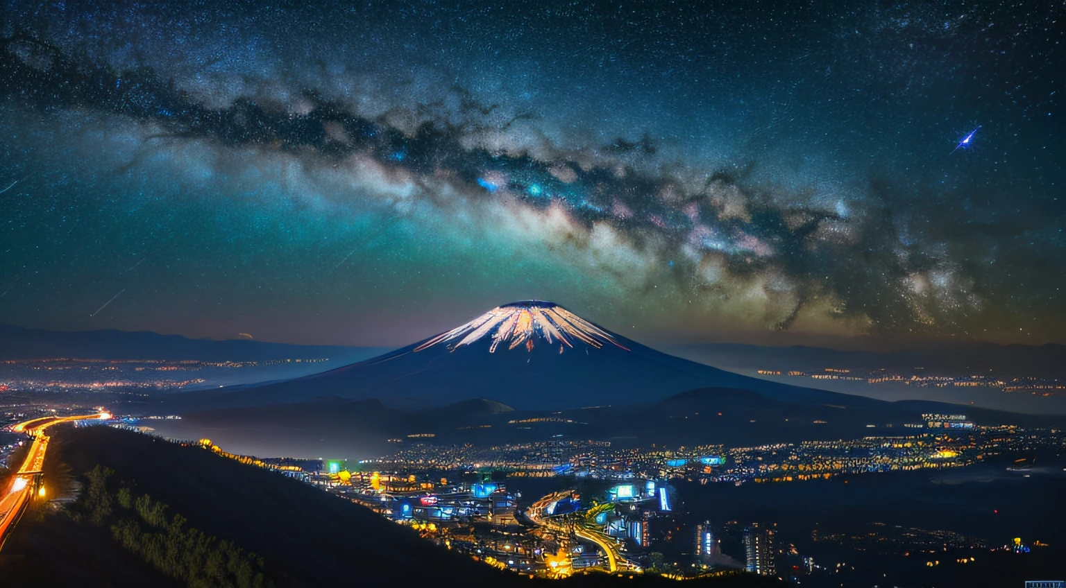 Master Parts、Superior Quality、superior image quality、The 8k quality、、Beautiful pictures of the starry sky、grand、Arched Milky Way:1.9、Mt fuji、Blue lake、optic