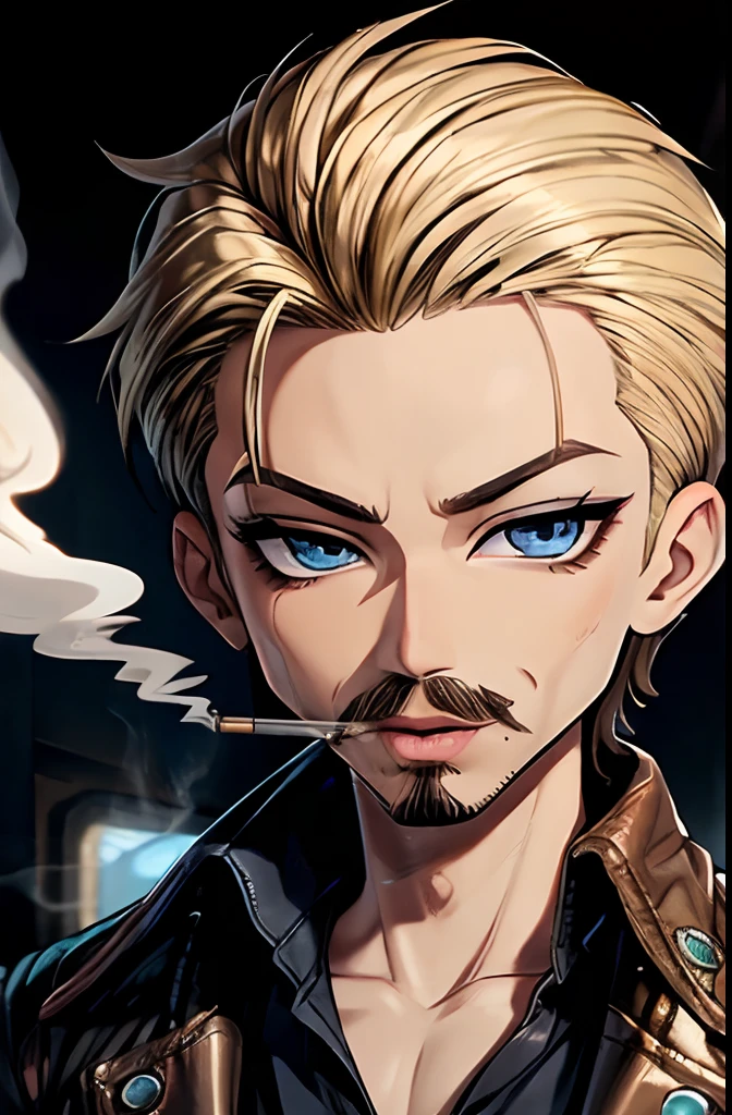 1 smoking man, smoking massive blunt, smoking a joint, smoking weed, Bratz Boy, 1 male Bratz, 32 years old, short hair, dirty blonde, mustache, facial hair, blue eyes, brown cigarette.