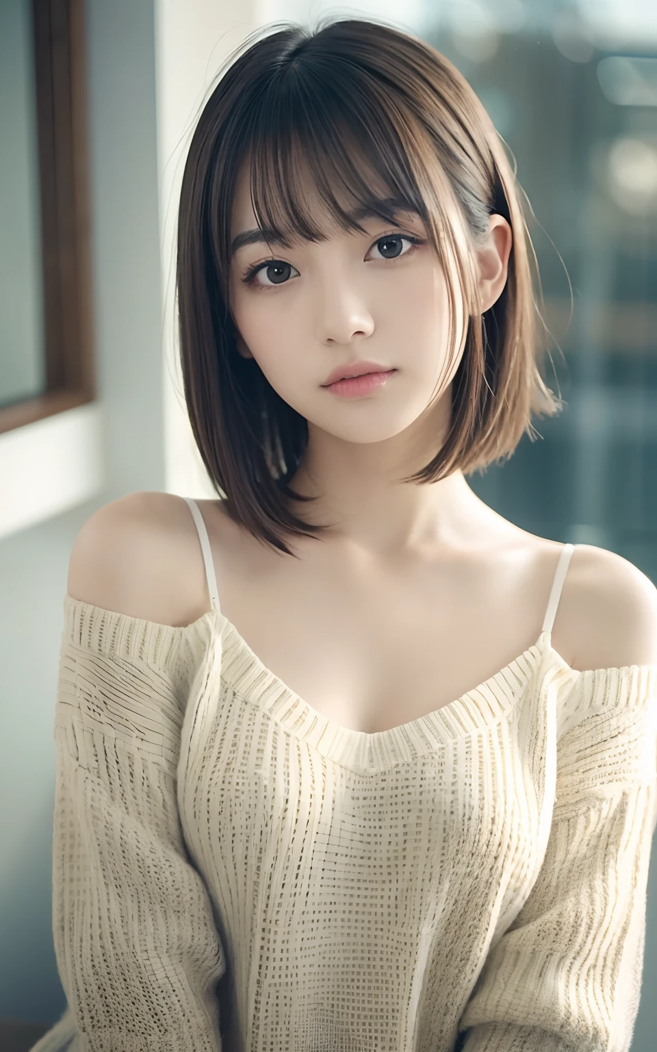 masutepiece, Best Quality, 8K, 20 yo, large full breasts, cute little, Solo, sad, Cute, Girly, Delicate girl, Neat and clean beauty, Raw photo, Professional Photography, Portrait, Soft light, Professional Lighting, Back lighting, Upper body, Looking away, Sophisticated, Film grain, (Eyes and faces with detailed:1.0), Short-length floating hair, Beautiful flowing hair, Bangs, Sweaters,