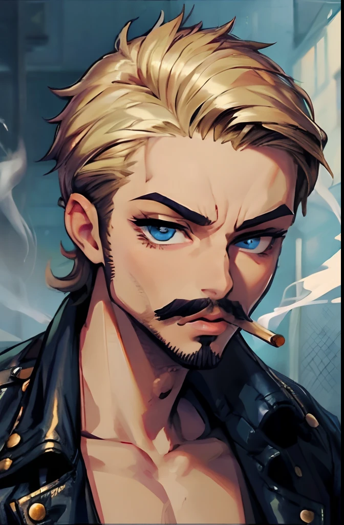 1 smoking man, smoking massive blunt, smoking a joint, smoking weed, Bratz Boy, 1 male Bratz, 32 years old, short hair, dirty blonde, mustache, facial hair, blue eyes, brown cigarette.