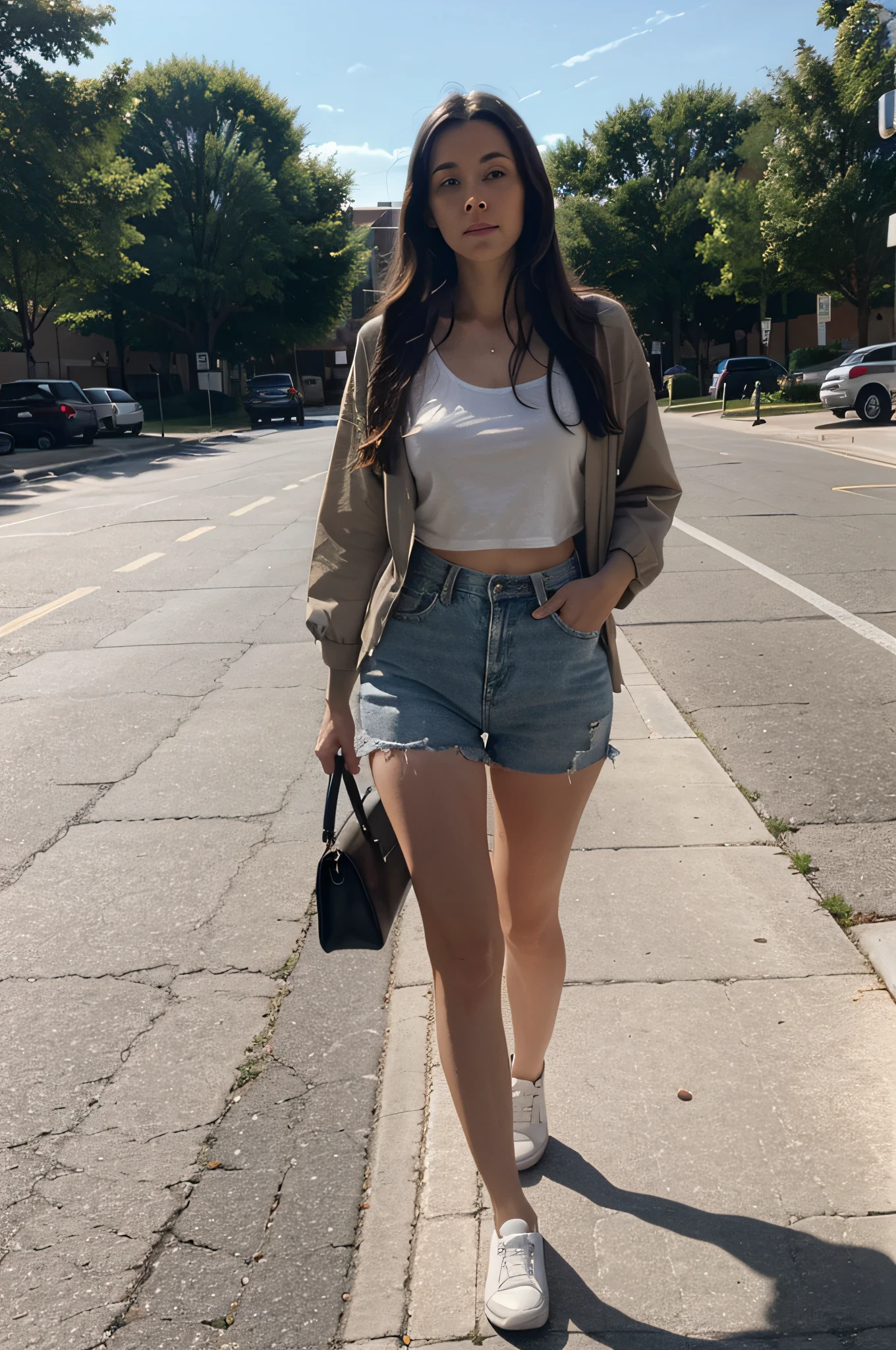 white woman in her 20s, long dark hair walking in the parking lot