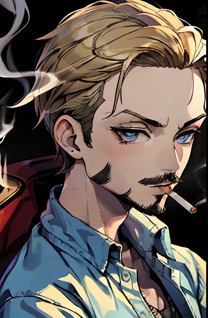 1 smoking man, smoking massive blunt, smoking a joint, smoking weed, Bratz Boy, 1 male Bratz, 32 years old, short hair, dirty blonde, mustache, facial hair, blue eyes, brown cigarette.