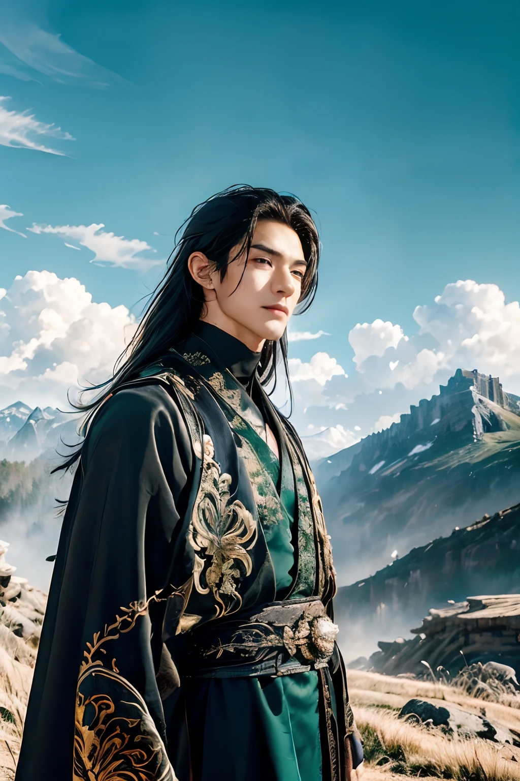 8K, masterpiece, A 21-year-old Asian man,thin eyebrows,Melon seed face,danfung Eye, Handsome face,Men's upper body ,mountain in background, Time is night。Deep blue sky,A full moon,his skin is fair,He is slender, The limbs have pronounced muscle lines,high-definition photography,Real-world scenarios,perfect eyes, perfect skin, perfect hands, Lots of detail, (emerald green long robe), wearing emerald green long robe with black dragon embroidery, black long pants, emerald green turtleneck shirt, water magic, waves, braided long hair, looking into the distance, devilish gaze at viewer, cool and seductive, standing on the top of the mountain, wind blowing