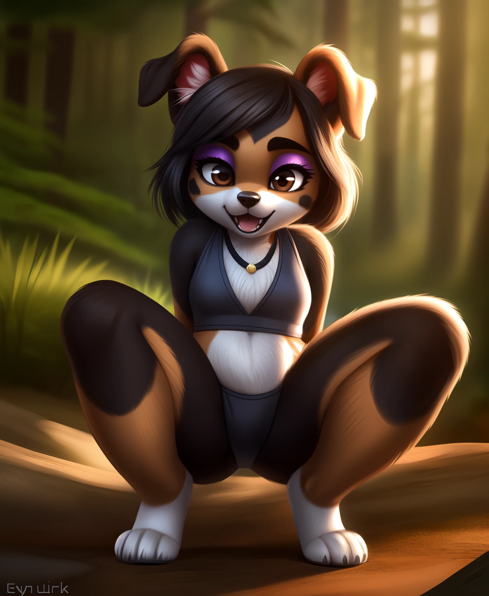 humanoid face, cute female anthro dog, (detailed silky dog fur:1.2), (dog fur), dog ears and nose, BREAK, solo, looking at viewer, outdoors, forest, early morning, blurry background, blurry foreground, BREAK, 1girl, charcoal colored hair, stacked bob hair, detailed humanoid glossy brown eyes, glitter eyeshadow, rounded eyebrows, cute ,, aesthetic, excessive laughter, eyes squinted, mouth wide, head thrown back, body shaking, full body, squatting, hands on hips, spread legs, BREAK, detail, lifelike textures, smooth textures, matte textures, glossy textures, edgQuality,