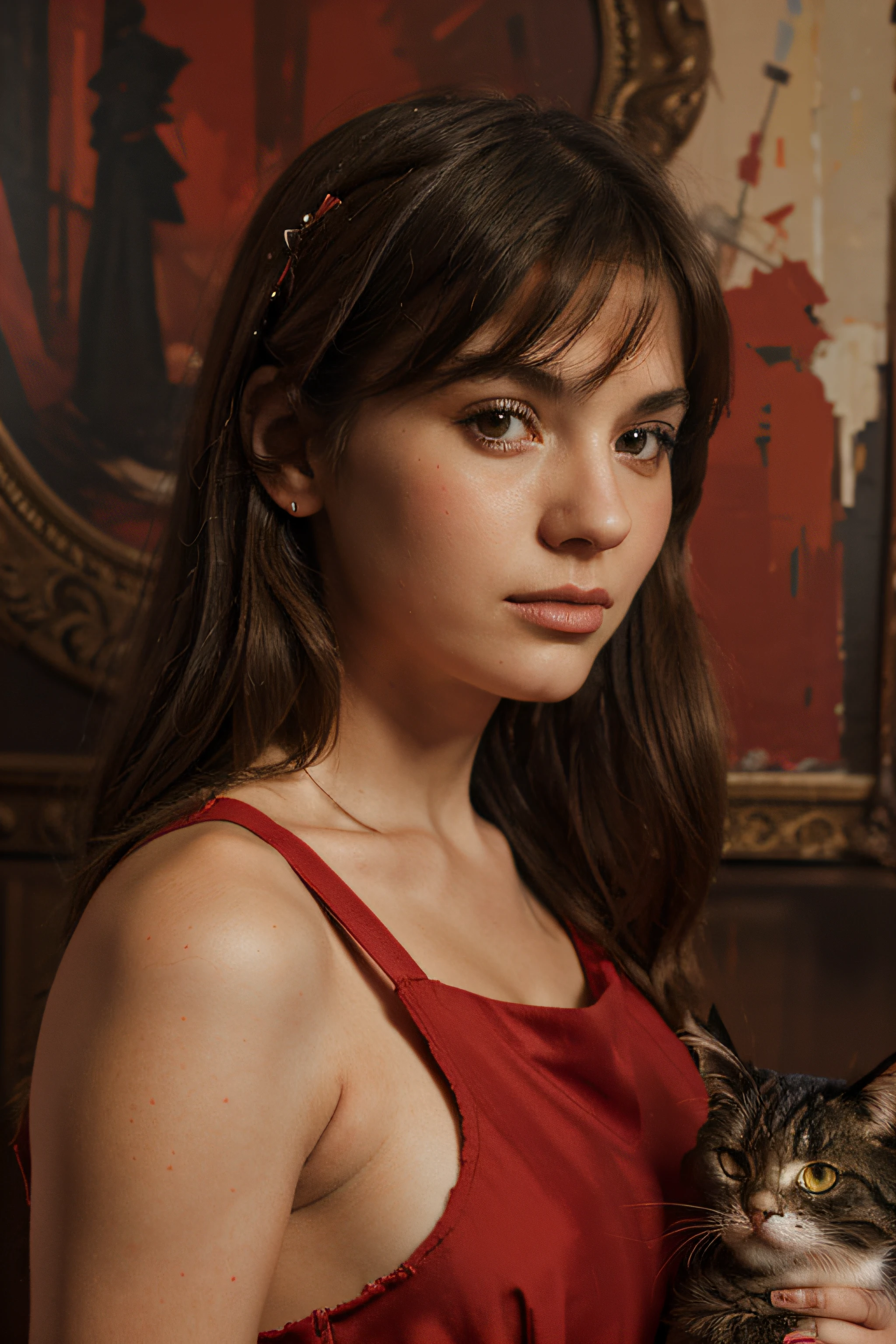 a girl with cat , red big dress , Portrait, Torn , Oil Paiting style