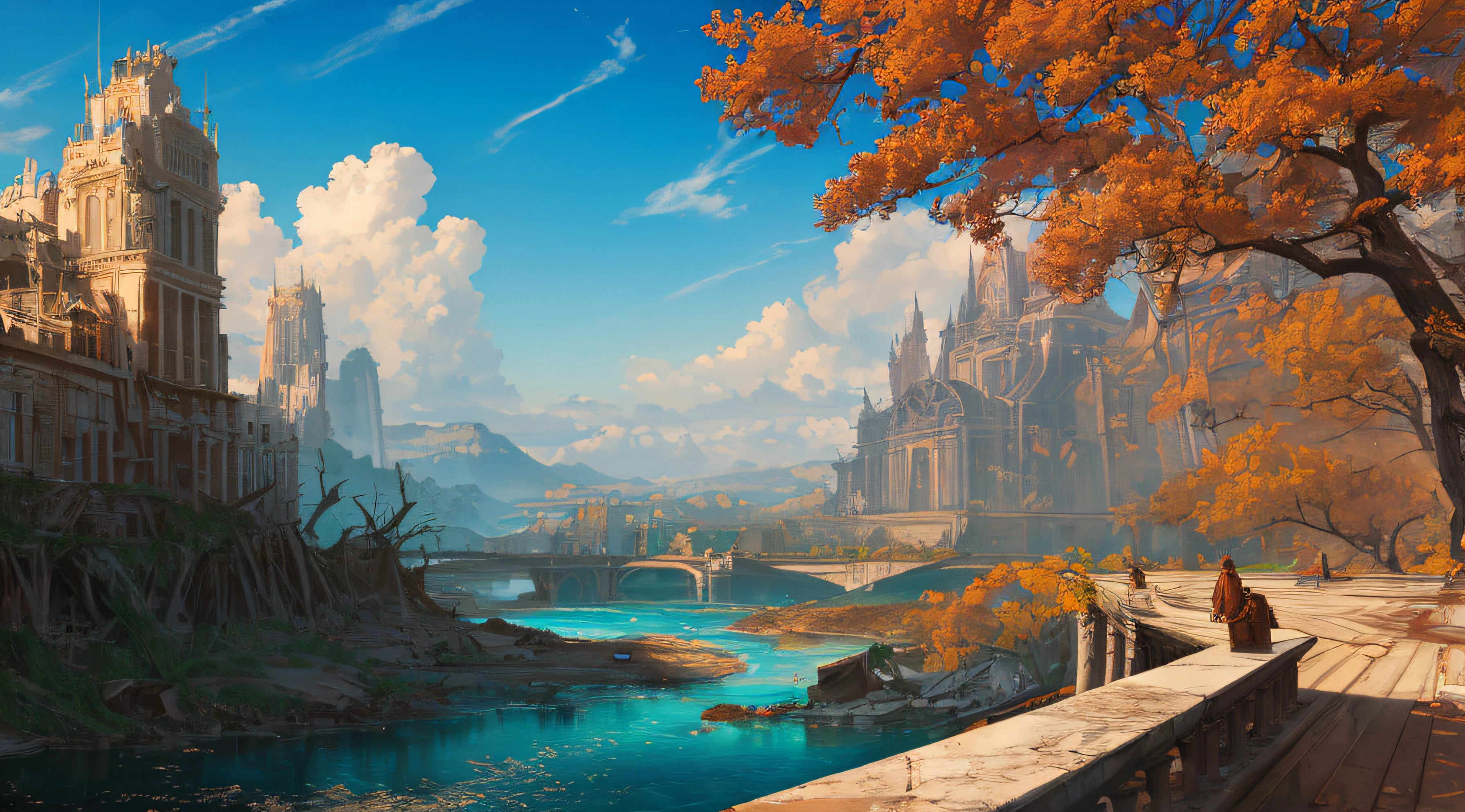 Masterpiece, high detail, 8K resolution, ConceptArt, scenery, water, sky, day, tree, cloud, waterfall, outdoors, ruined civilization buildings, nature, river, blue sky, 1boy, wearing brown rugged cloth
