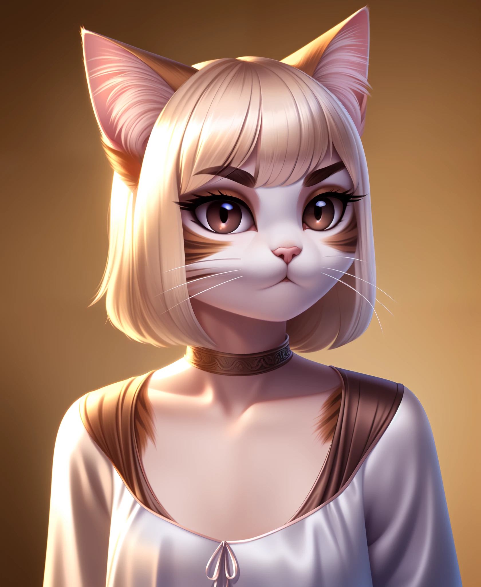 (1girl, solo), (masterpiece, best quality, ultra-detailed), (full body)
(simple background, natural lighting, intricate details), 
(humanoid face, cute female anthro cat, (detailed silky cat fur:1.2), (cat fur), cat ears and pink nose),
(platinum blonde colored hair, bangs hair, detailed humanoid glossy brown eyes, full lashes, thick eyebrows),