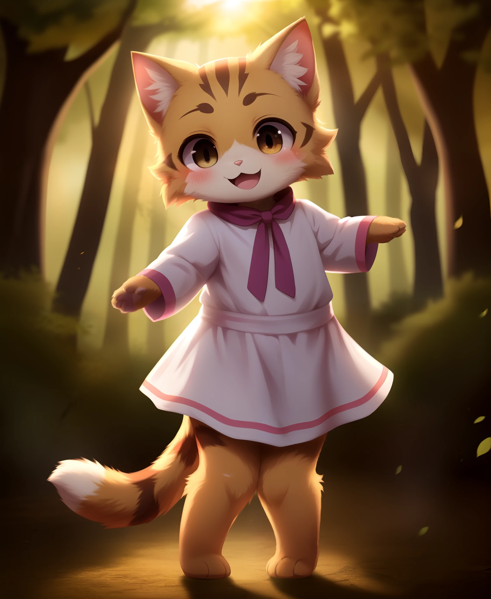 dagasi, ( furry body) , (realistic fur) , standing, fluffy tail, blush, (:3), species that looks like a cross between girl and a cat, a happy ,dancing, cinematic lighting ,4k, in the forest, cute