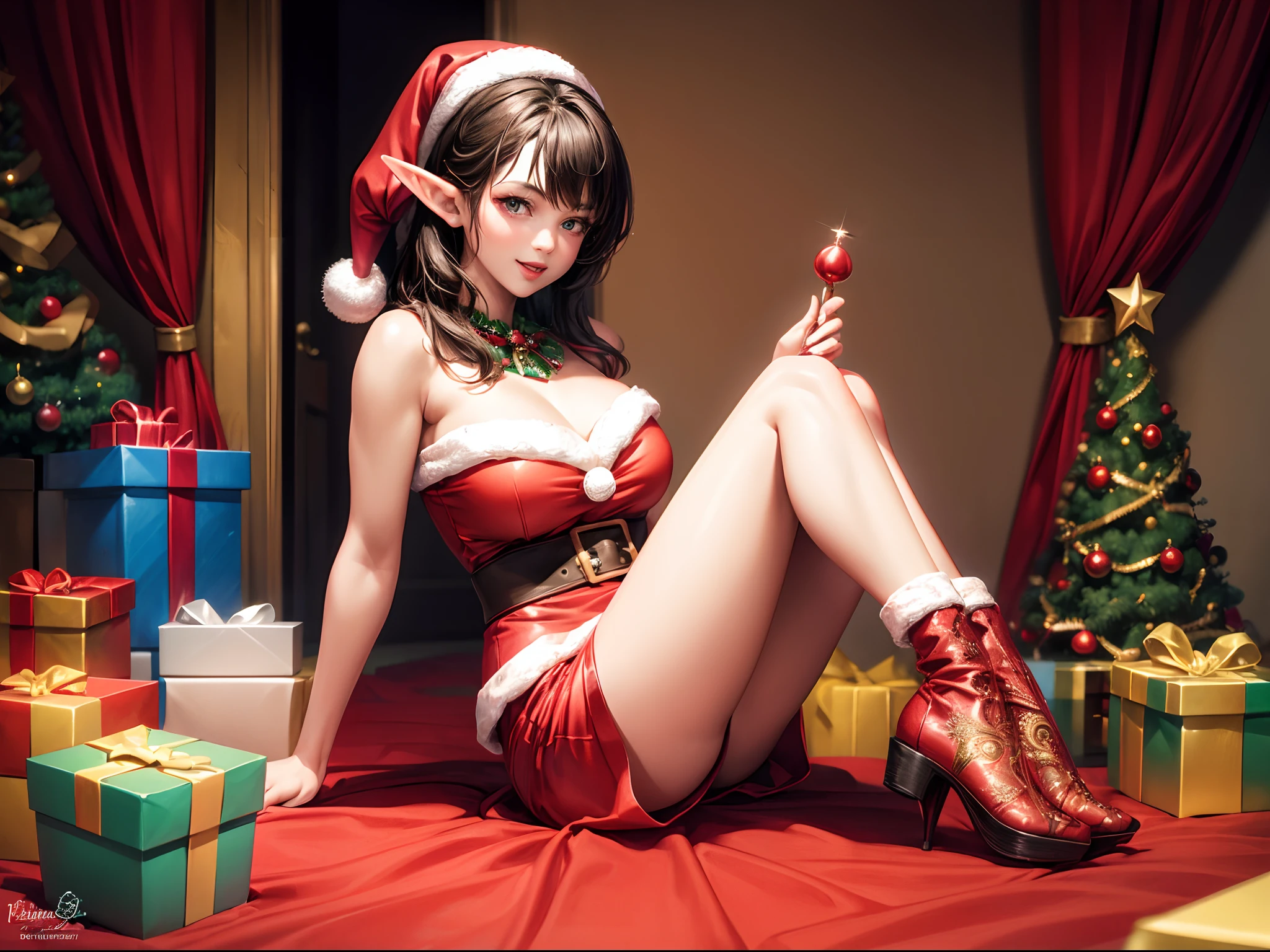 (best quality,ultra-detailed,realistic:1.37),woman dressed in a short red dress, hard erect , beautiful detailed eyes, beautiful detailed lips, short black hair, happy and excited face, red shorts, holding a blue Christmas present, expressive pose, artistic lighting, portrait, contrasting colors, dynamic composition, colorful background Santa's workshop at the North Pole with Christmas decorations everywhere and elves building toys, (full body:1.5)