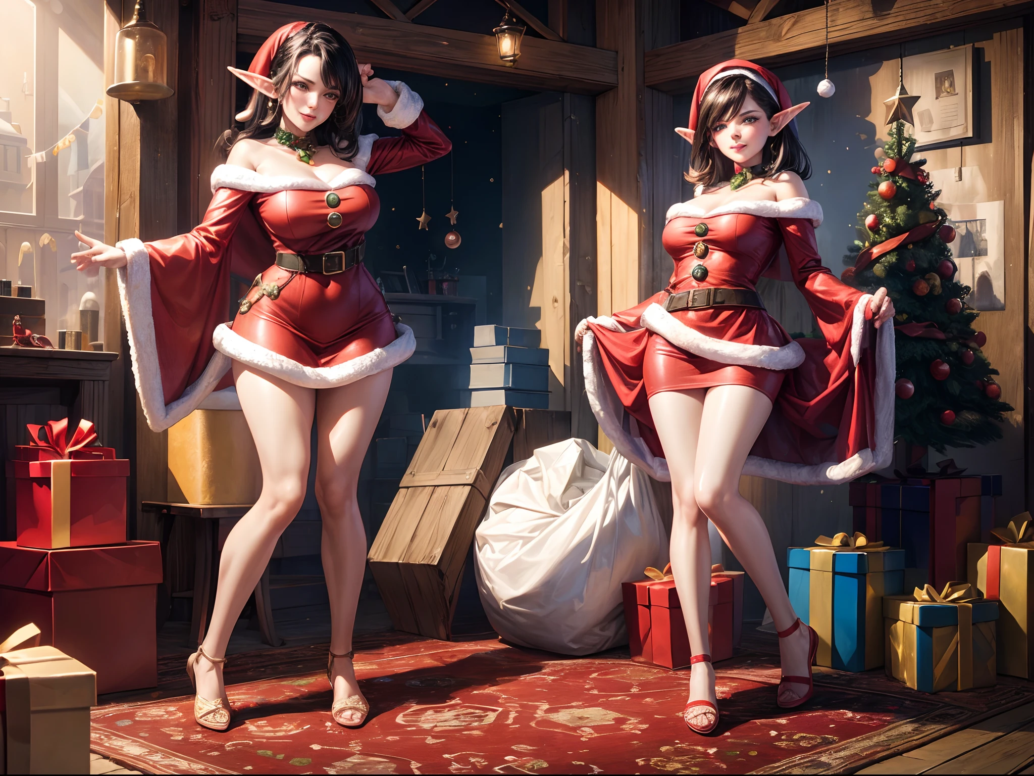 there are two women dressed in santa claus outfits posing for a picture, cutesexyrobutts, wlop and sakimichan, trending on cgstation, 4k], 4 k ], tifa, rossdraws and jazza, wlop and ross tran, v from devil may cry as an elf, pixiv 3dcg, ayami kojima and lyde caldwell