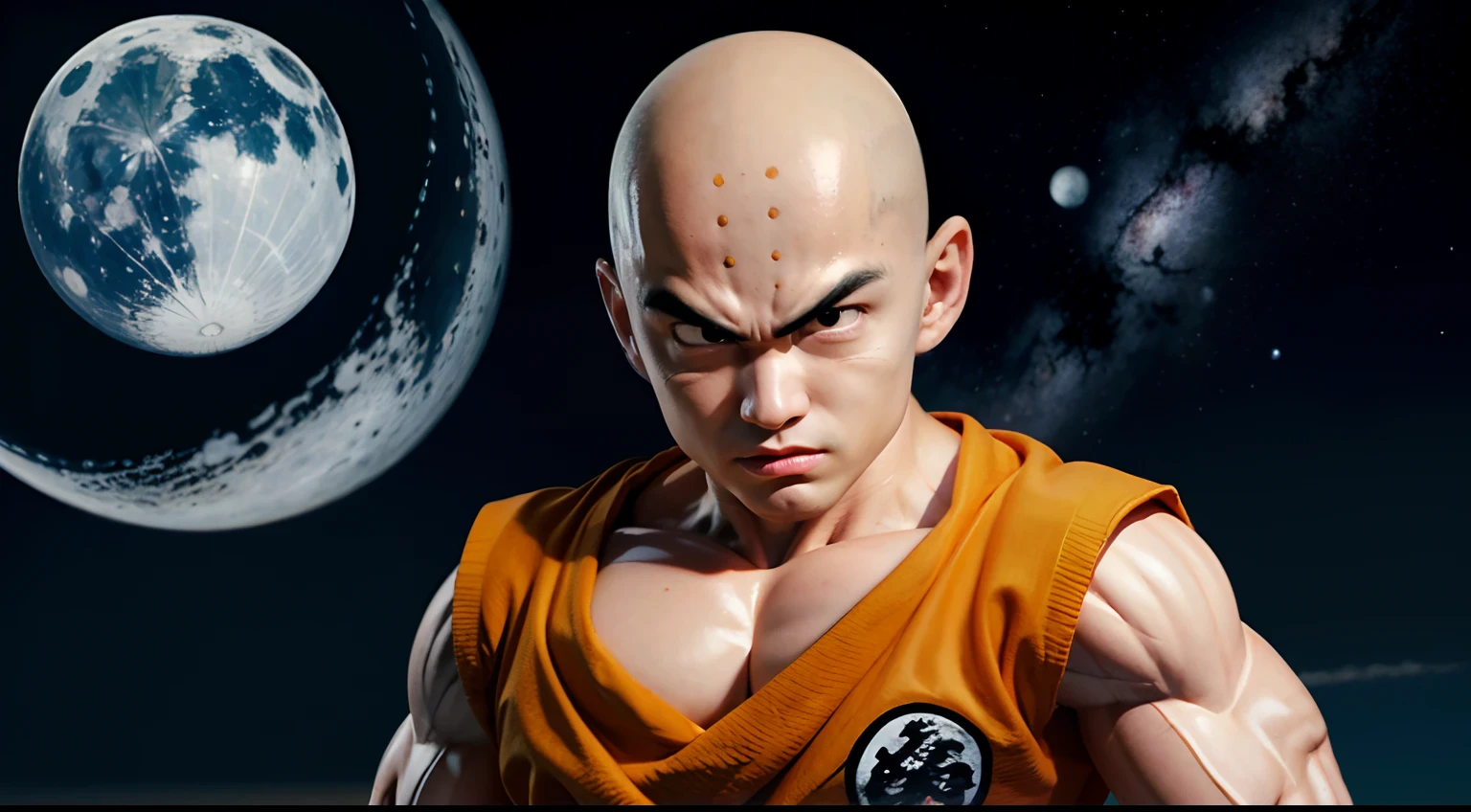 ((best quality)), ((masterpiece)), (detailed), krillin, solo, 1boy, bald, muscle, space, gi, full body, male focus, moon,stars, spinning galaxy, detailed eyes, detailed fingers, orange clothes