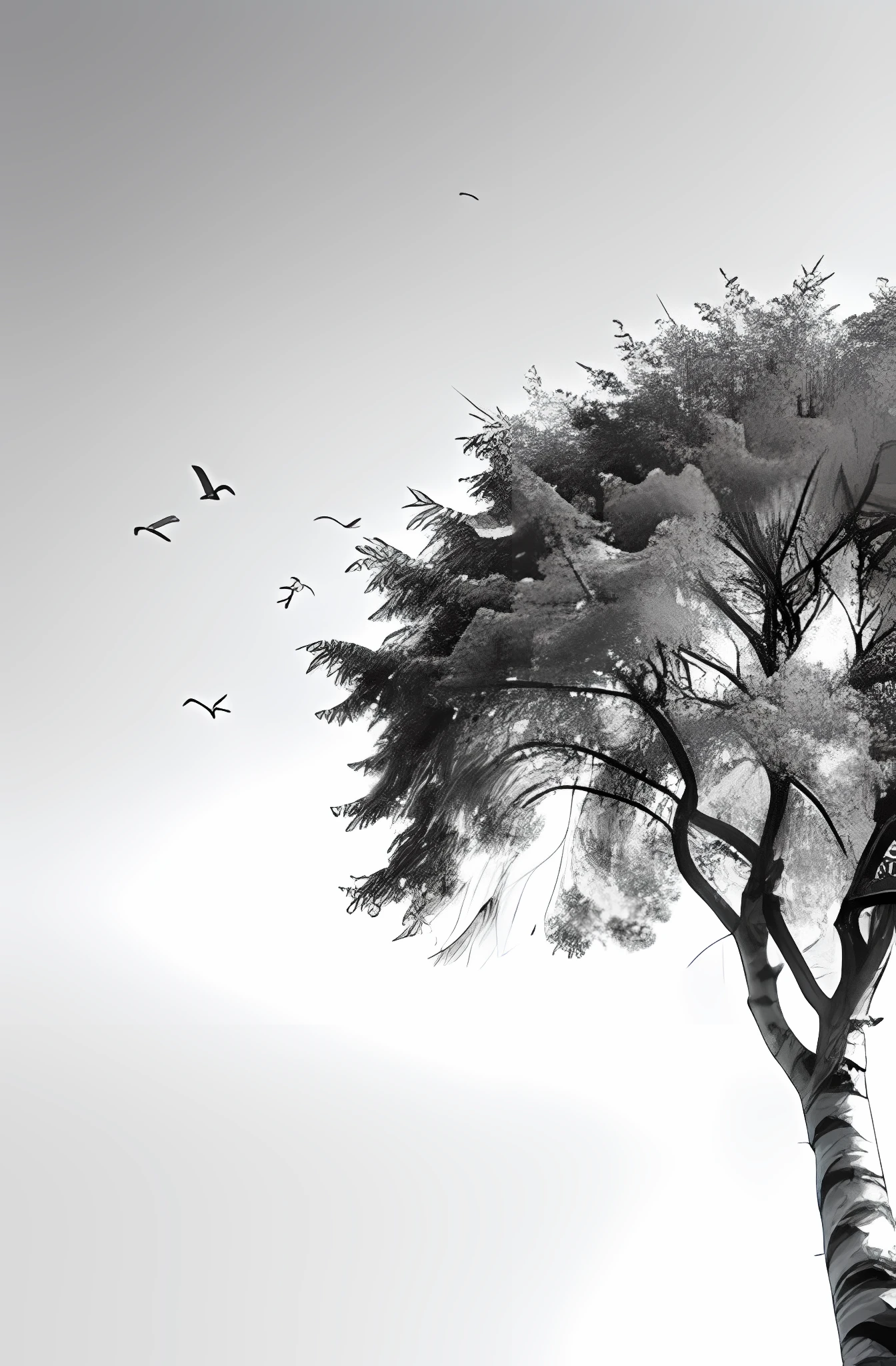 Black and white image of a tree with birds flying by, vector art, inspired by Slava Raškaj, trending on pixabay, art deco, Birds & Trees, Forest Drawing, graceful, a tree, Black & White Vector, Only black and white color, the trees, High art, Birch, birch, Black & White Vector Graphics, 240p, Pixer