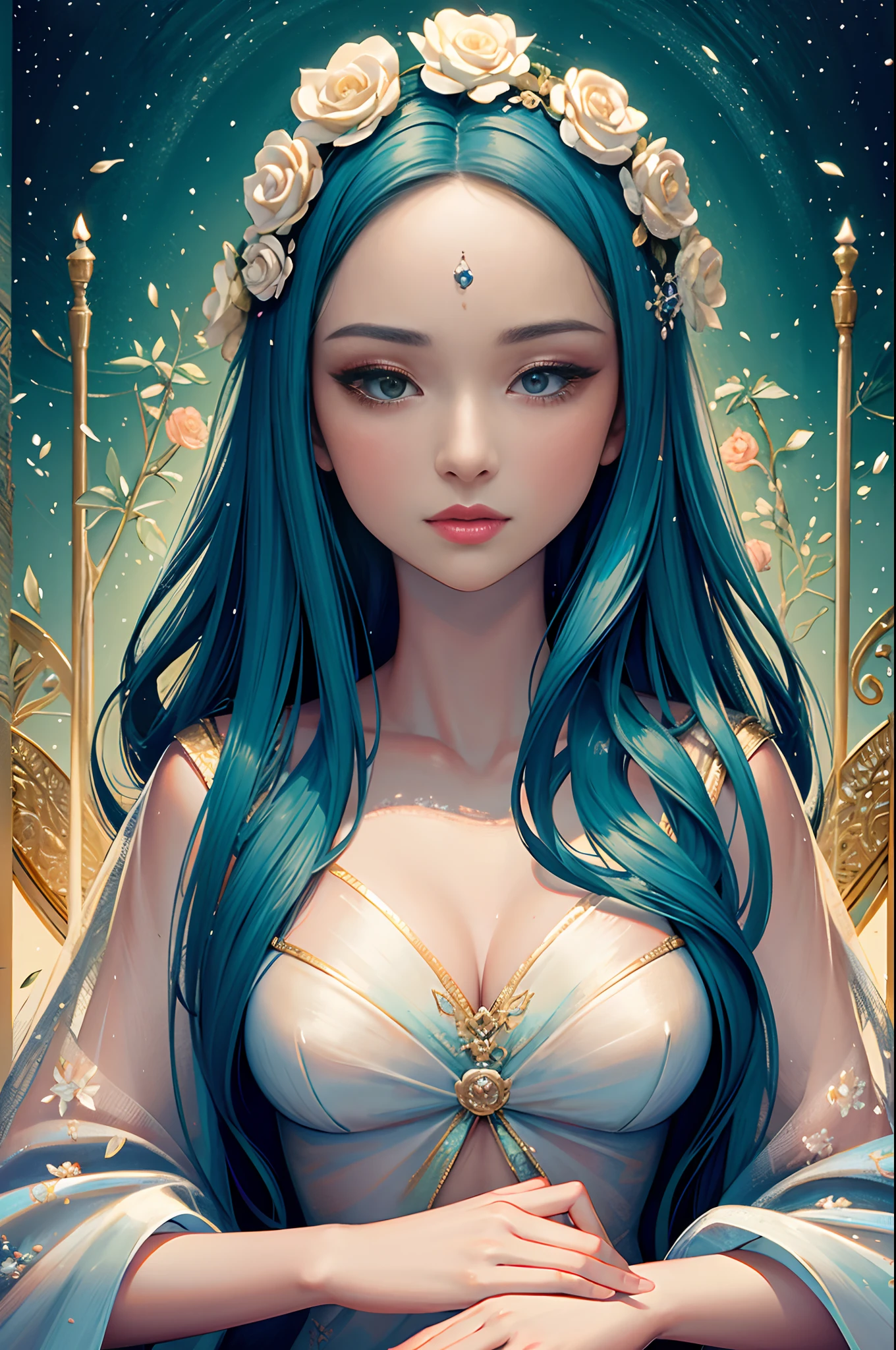sitting on water, hands on own chest, {{1girl}}, {solo}, expressionless, {delicate face}, ((best quality), ((masterpiece)), ((ultra-detailed)), (illustration), (((masterpiece))), (((best quality))), ((ultra-detailed)), (illustration), ((an extremely delicate and beautiful)),cinematic angle, floating, (beautiful detailed eyes), beautifully detailed sky,<dalcefo, realistic, chromatic aberration, finely detailed face)> Mystical ethereal Santa girl and gift, pltn style, dark fantasy, portrait, young female, highly detailed face, intricate dress, Victorian, high res, Sony A7R IV, greg rutkowski, beeple, beksinski, giger, realistic shaders effects, 64K, HDR, cute big circular reflective eyes, Pixar render, unreal engine cinematic smooth, intricate detail, unreal engine 5, photo realistic, 8k resolution, 2d render, highly detailed