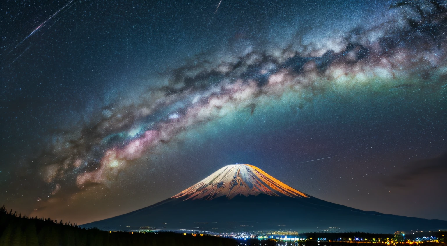 Master Parts、Superior Quality、superior image quality、The 8k quality、、Beautiful rainbow starry sky、grand、Arched Milky Way:1.9、Mt fuji、Blue lake、optic