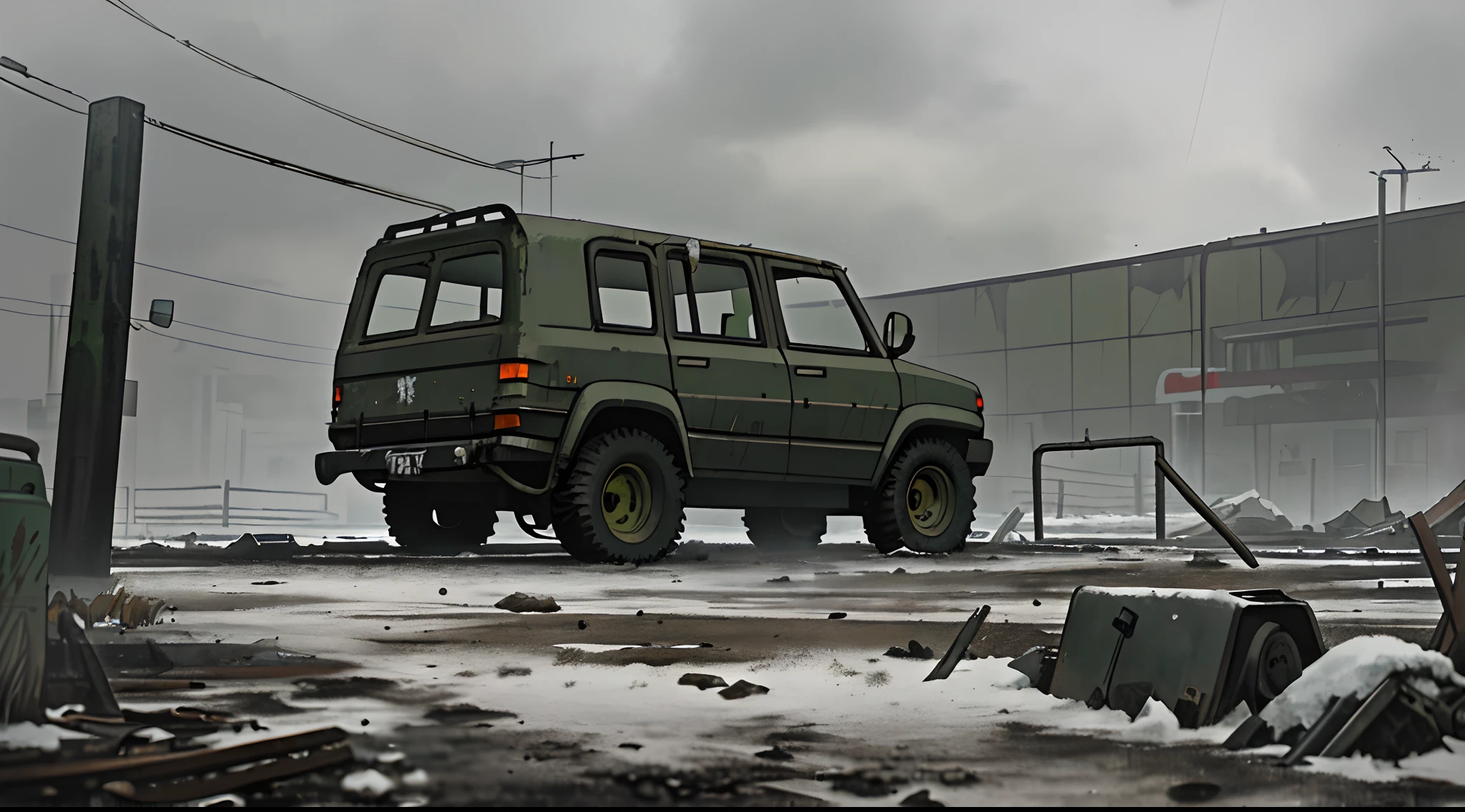 masterpiece, best quality, exterior of a dilapidated parking lot, a khaki green SUV (cyberpunk, rust, broken headlight, very detailed), lots of snow, wet ground, debris, metal fence, cloudy sky, smoke, fog, ((very dark night)), ((very dark shadows)), suspense and lonely atmosphere, snowy storm