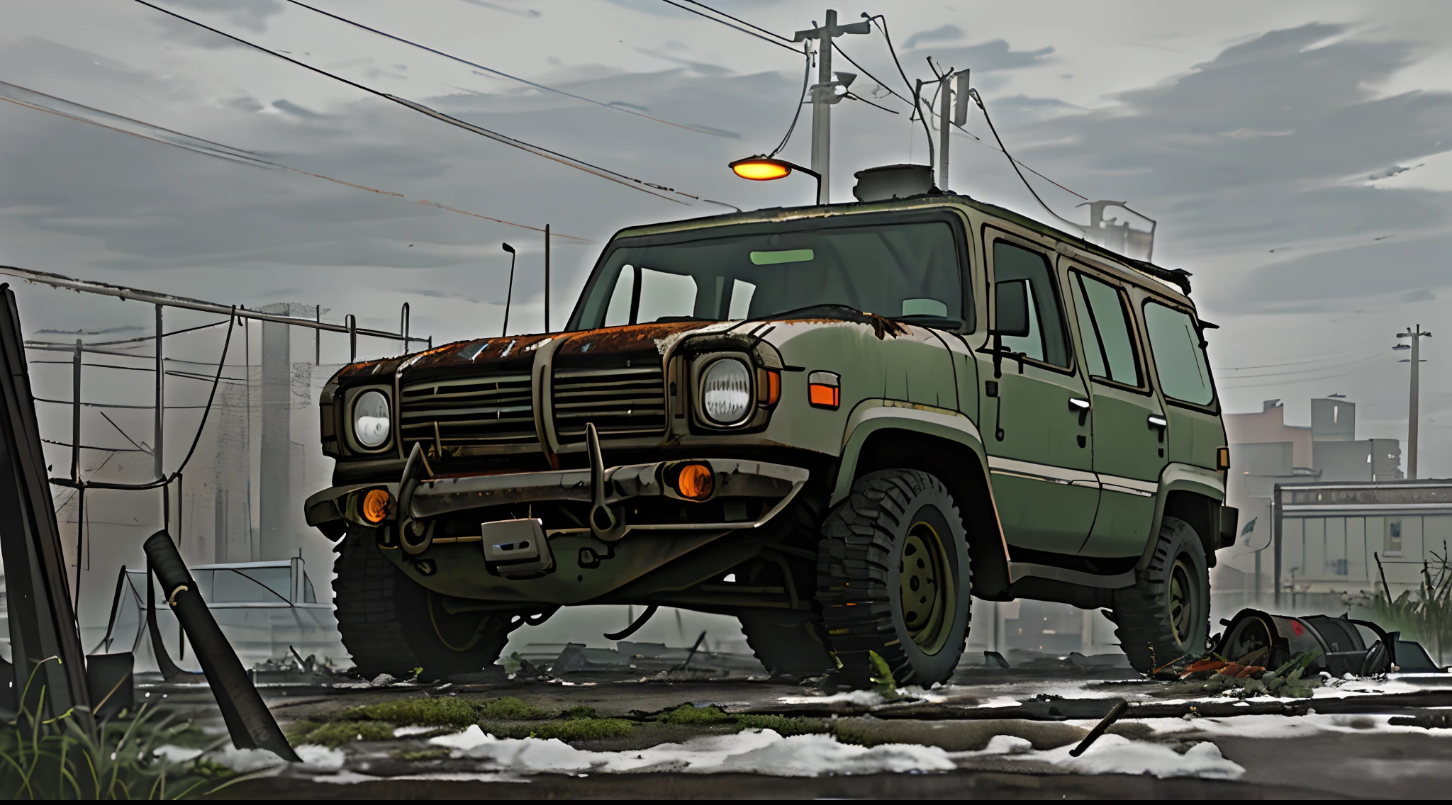masterpiece, best quality, exterior of a dilapidated parking lot, a khaki green SUV (cyberpunk, rust, broken headlight, very detailed), lots of snow, wet ground, debris, metal fence, cloudy sky, smoke, fog, ((very dark night)), ((very dark shadows)), suspense and lonely atmosphere, snowy storm
