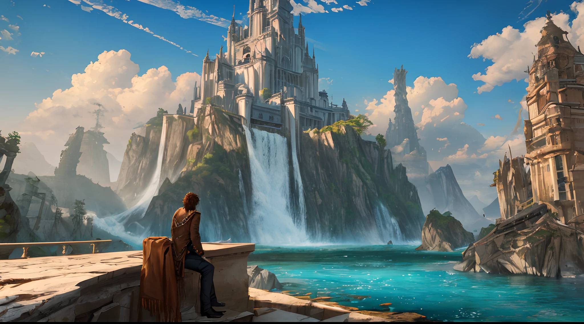 Masterpiece, high detail, 8K resolution, ConceptArt, scenery, water, sky, day, tree, cloud, waterfall, outdoors, ruined civilization buildings, nature, river, blue sky, ((1boy)), he is wearing brown rugged cloth