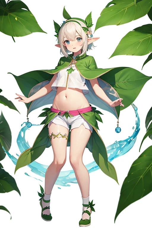 kawaii, girl, full body, white background, with leaf spirit, shorts, elf, open zipper of shorts, hentai, panties, belly button