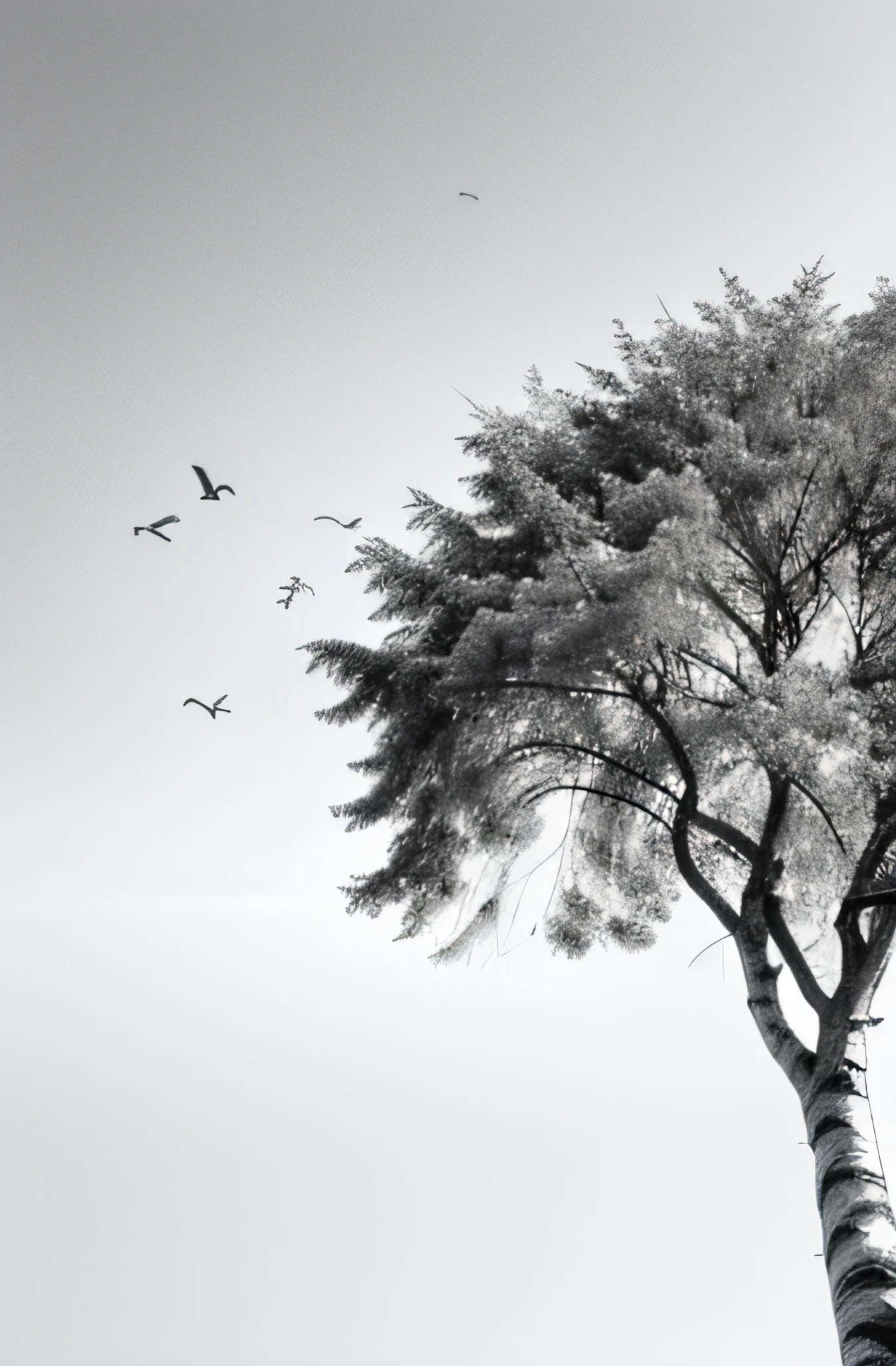 Black and white image of a tree with birds flying by, vector art, inspired by Slava Raškaj, trending on pixabay, art deco, Birds & Trees, Forest Drawing, graceful, a tree, Black & White Vector, Only black and white color, the trees, High art, Birch, birch, Black & White Vector Graphics, 240p, Pixer