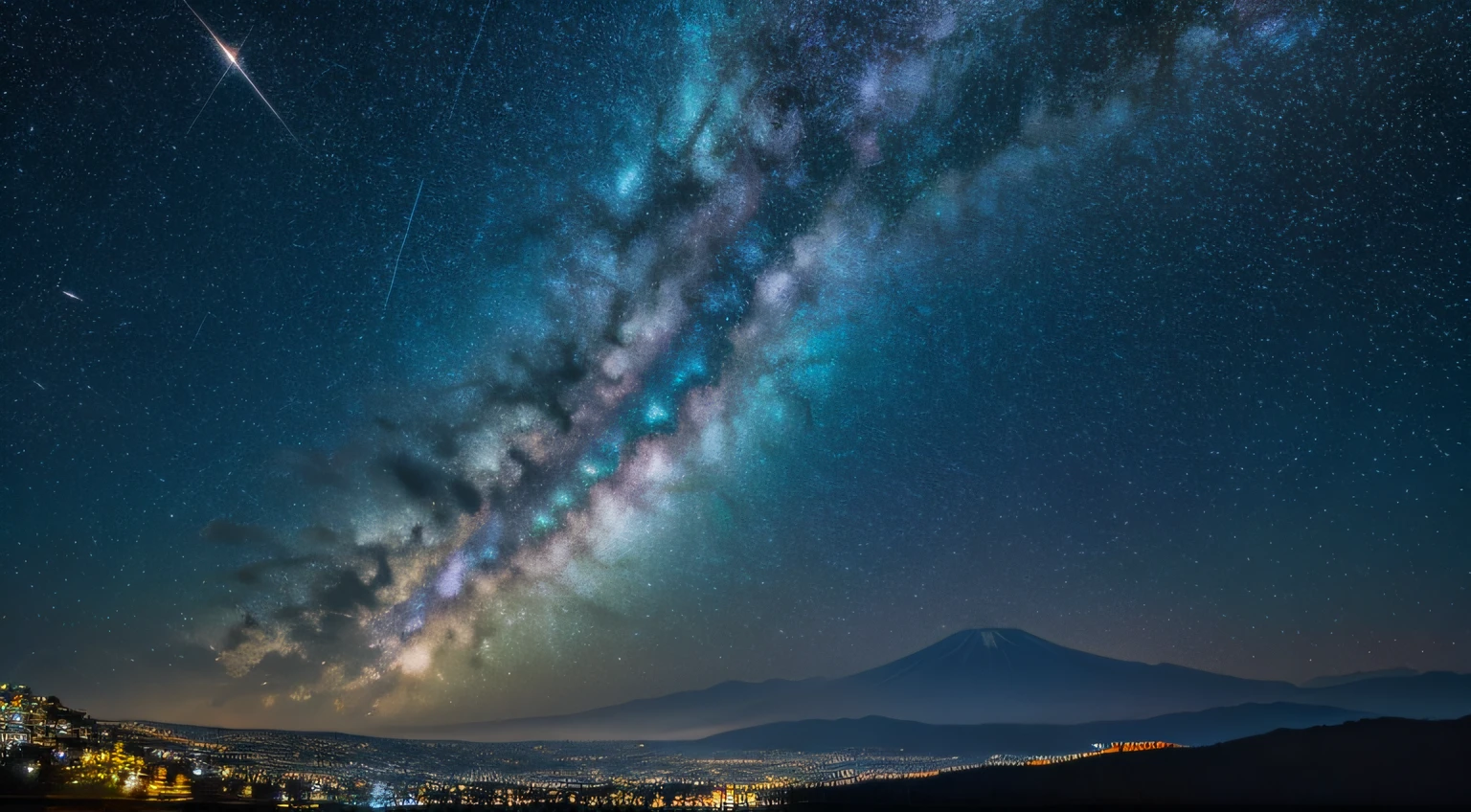 Master Parts、Superior Quality、superior image quality、The 8k quality、、Beautiful rainbow starry sky、grand、Arched Milky Way:1.9、Mt fuji、Blue lake、optic