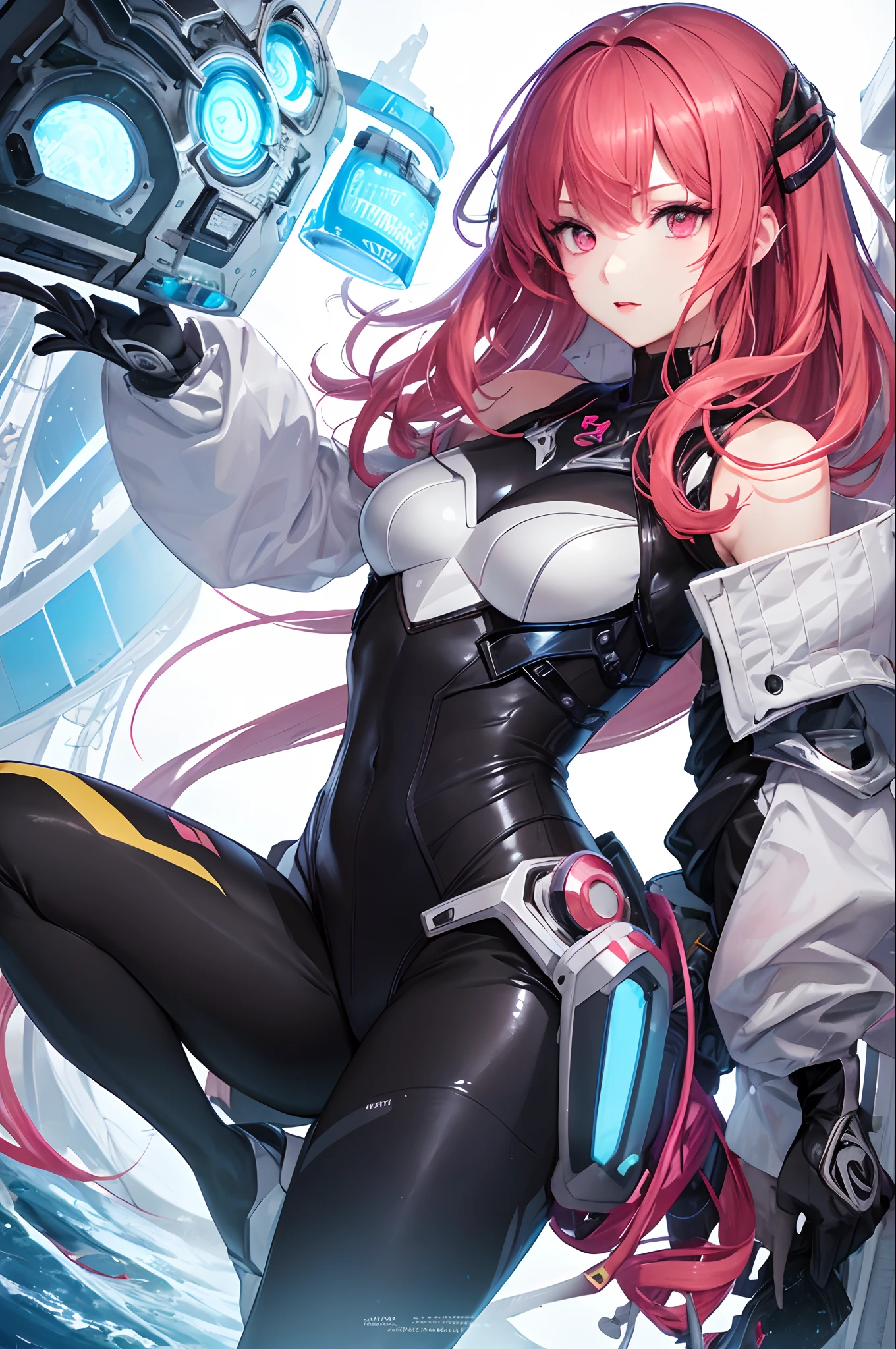 solo, female, sfw, abandoned spaceship, space landscape, dark, scry atmosphere, android, long hair, auburn hair, blue eyes, intricate artificial limbs, small breasts, juicy thighs, short