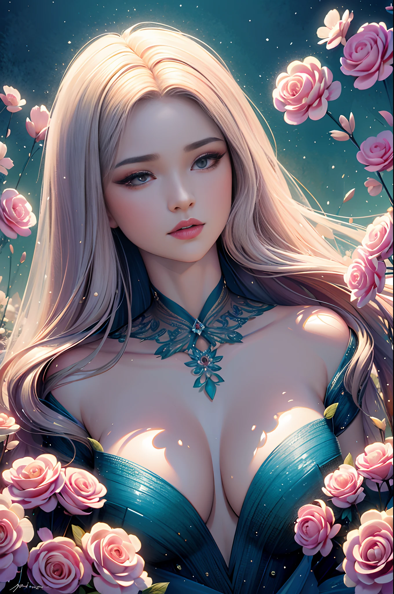 Ultra-high resolution (8K, Best quality), Highly detailed, Masterpiece:1.2, Amazing image of a beautiful woman, Delicate facial features, mesmerizing eyes, Mesmerizing lips, Flowing hair, An ethereal game of light and shadow, vivid vivid colors, Intricate floral elements, Seamless integration of fractal art, Rich and varied textures, Dreamlike atmosphere, Harmonious composition, dynamicposes, graceful movements, Lovely garden setting, Captivating perspective, magical ambiance, Surreal and engaging visual storytelling, Finely crafted brushstrokes, Meticulous attention to detail, Immersive、Lifelike depiction, Out of this world、Awesome artistic expression.