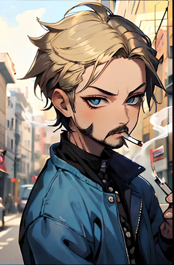 1 smoking man, smoking massive blunt, smoking a joint, smoking weed, Bratz Boy, 1 male Bratz, 32 years old, short hair, dirty blonde, mustache, facial hair, blue eyes, brown cigarette.